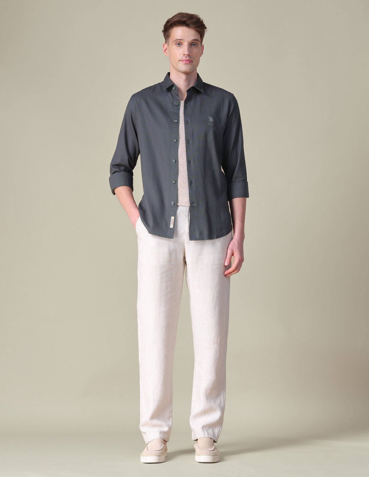 Dobby Regular Fit Shirt Mid Grey - U.S. POLO ASSN. | Large