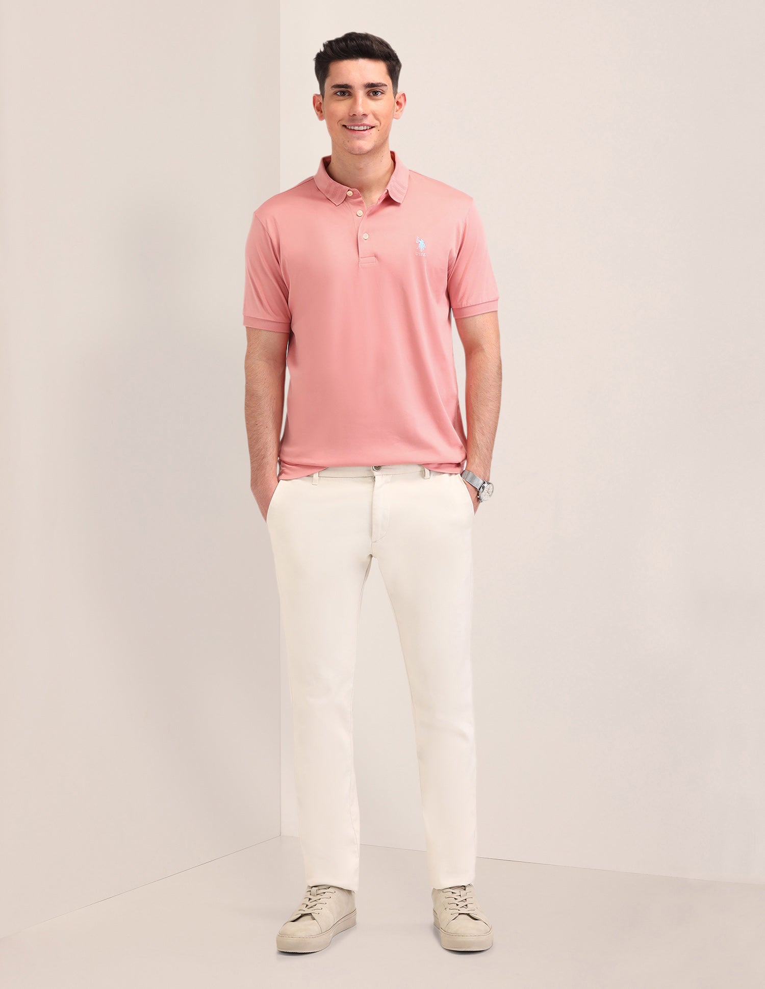 Solid Pattern Cotton Polo Shirt Peach - U.S. Polo Assn. India | Large