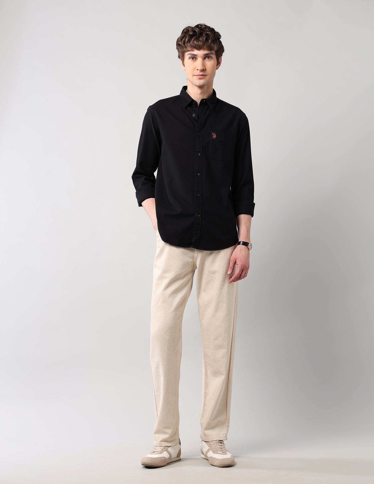 Pure Cotton Regular Fit Dobby Shirt Black - U.S. Polo Assn. India | Large