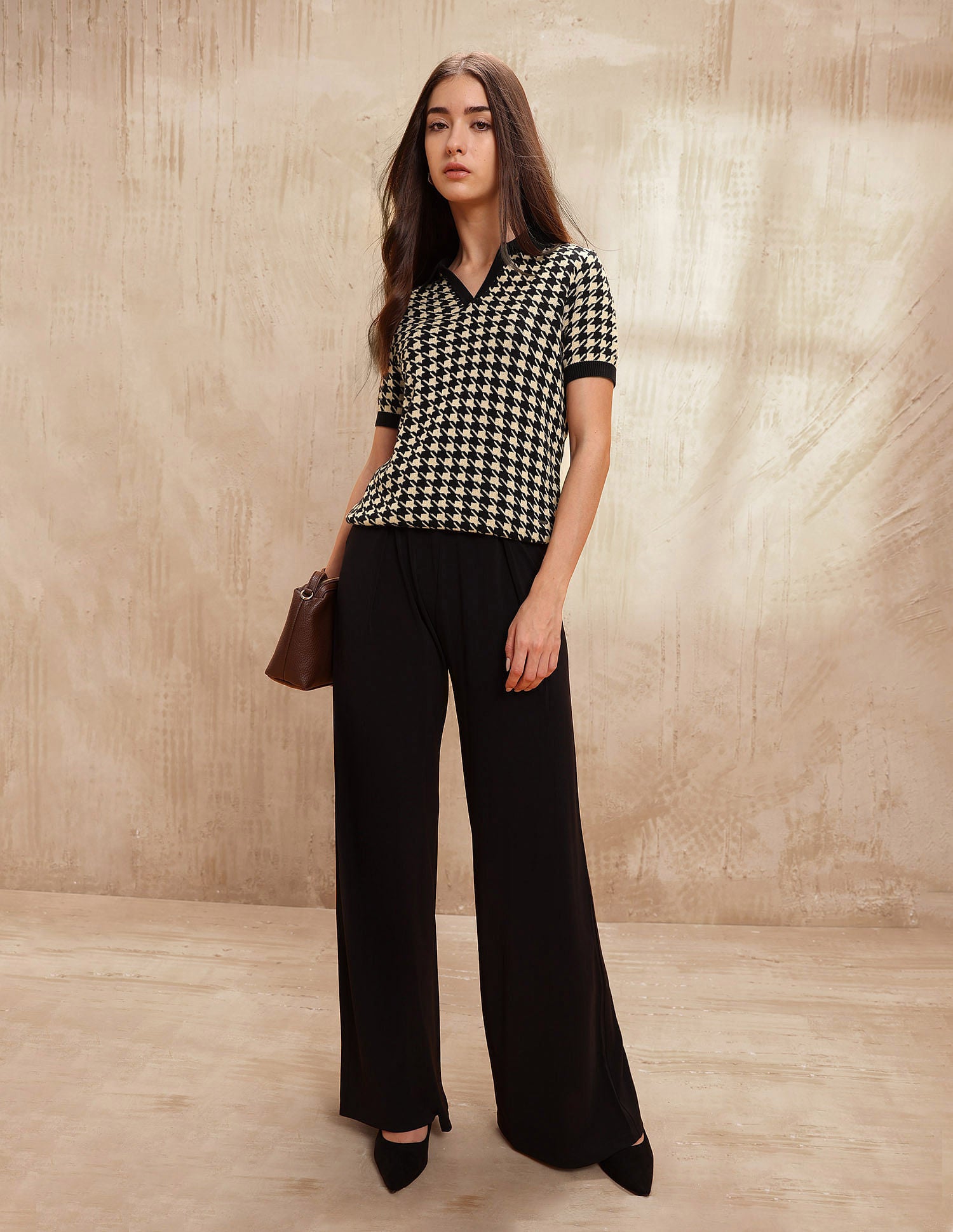 Flat Knit Polo With V Neck And Houndstooth Jacquard Pattern Black - U.S. Polo Assn. India | Large