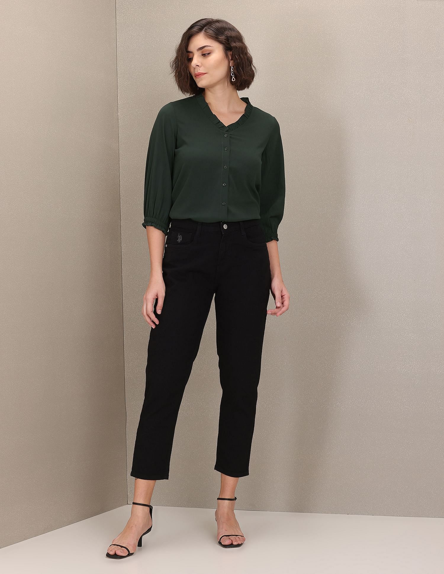 Ruffled V-Neck Solid Top Dark Green - U.S. POLO ASSN. | Large