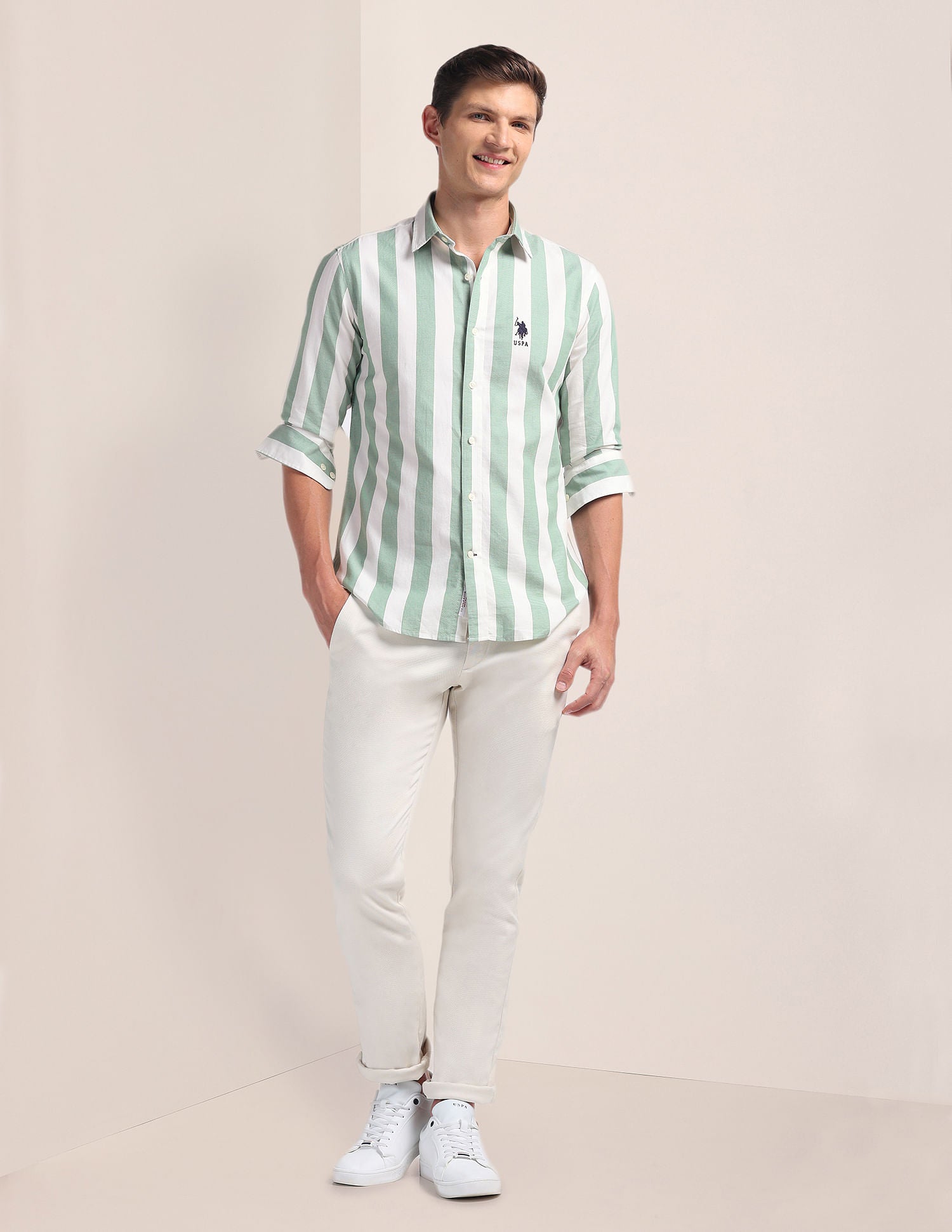 Pure Cotton Stripes Shirt Green - U.S. POLO ASSN. | Large