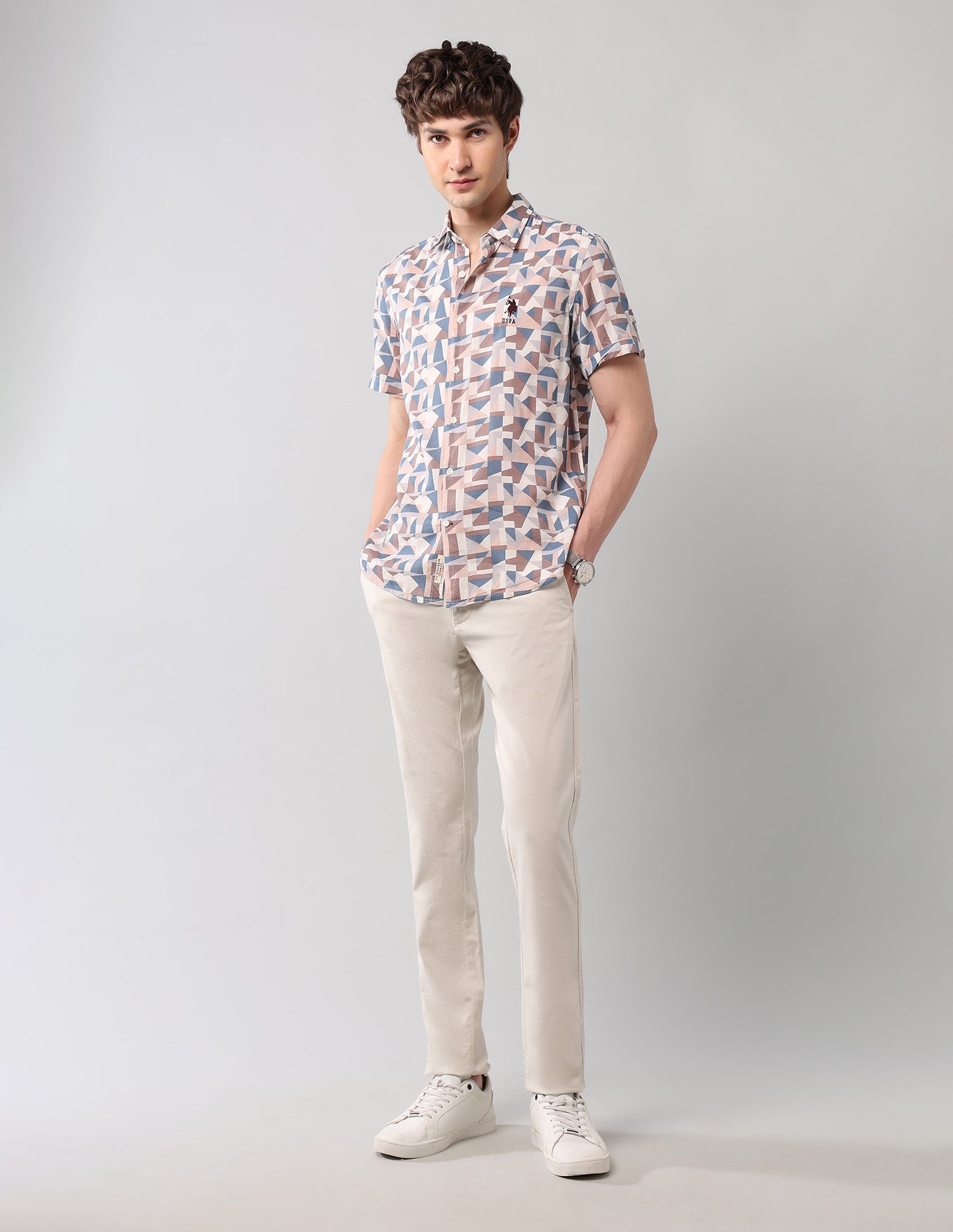 Geometric Printed Regular Fit Shirt Beige - U.S. POLO ASSN. | Large