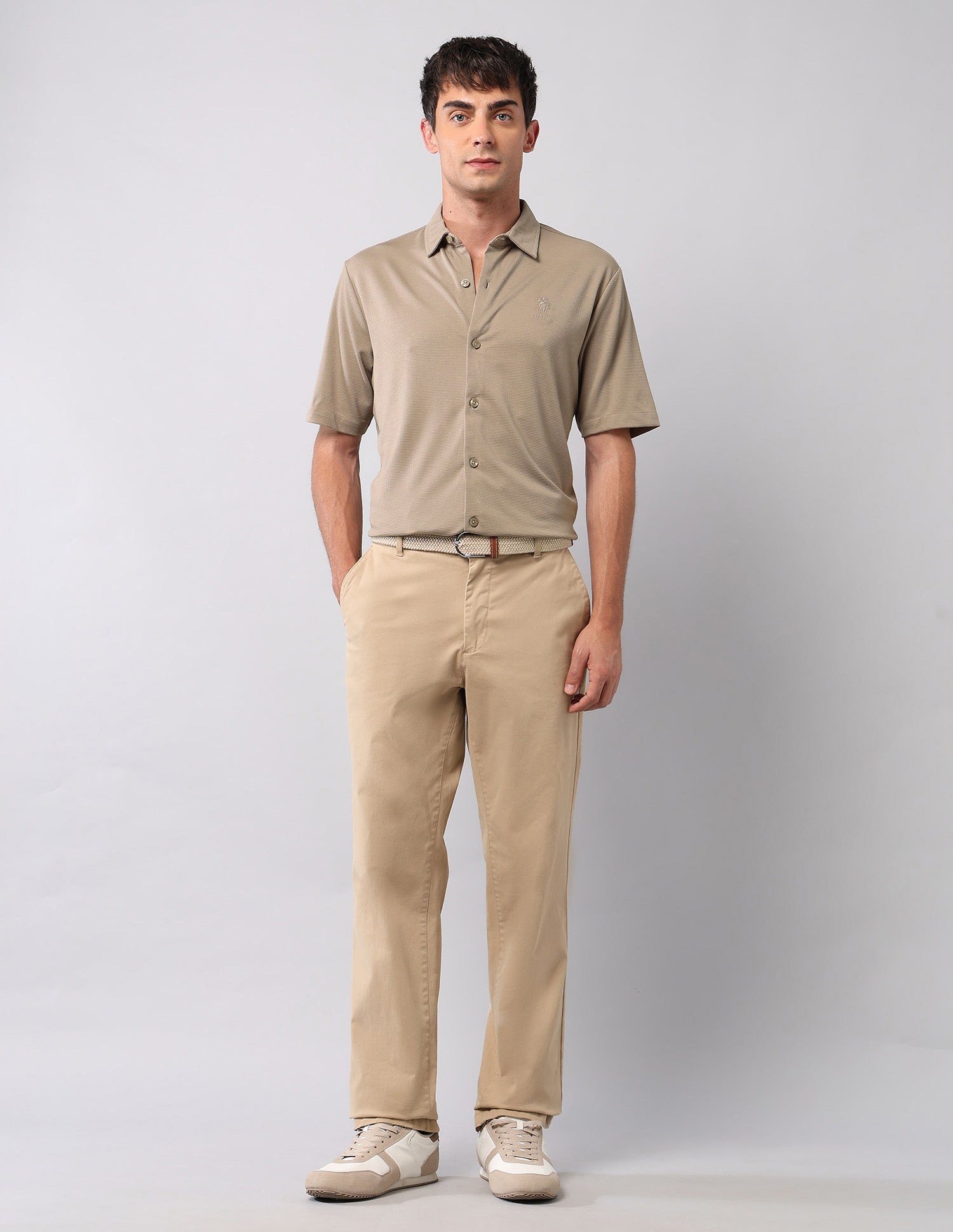 Relaxed Fit Knitted Pure Cotton Shirt Khaki - U.S. Polo Assn. India | Large