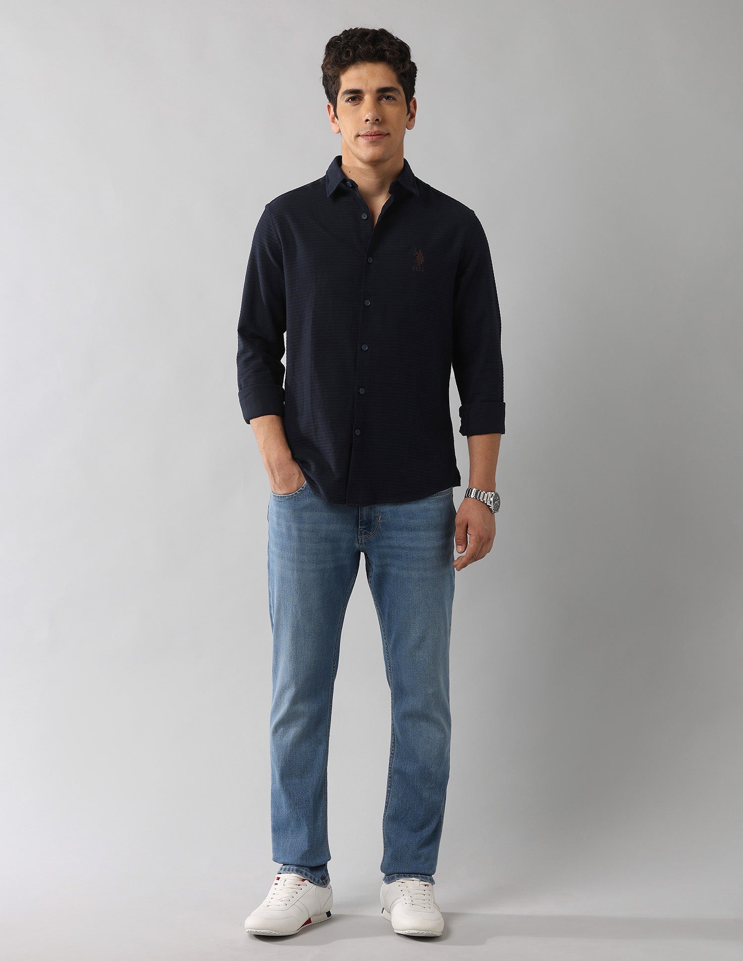 Regular Fit Textured Shirt Navy - U.S. Polo Assn. India | Large