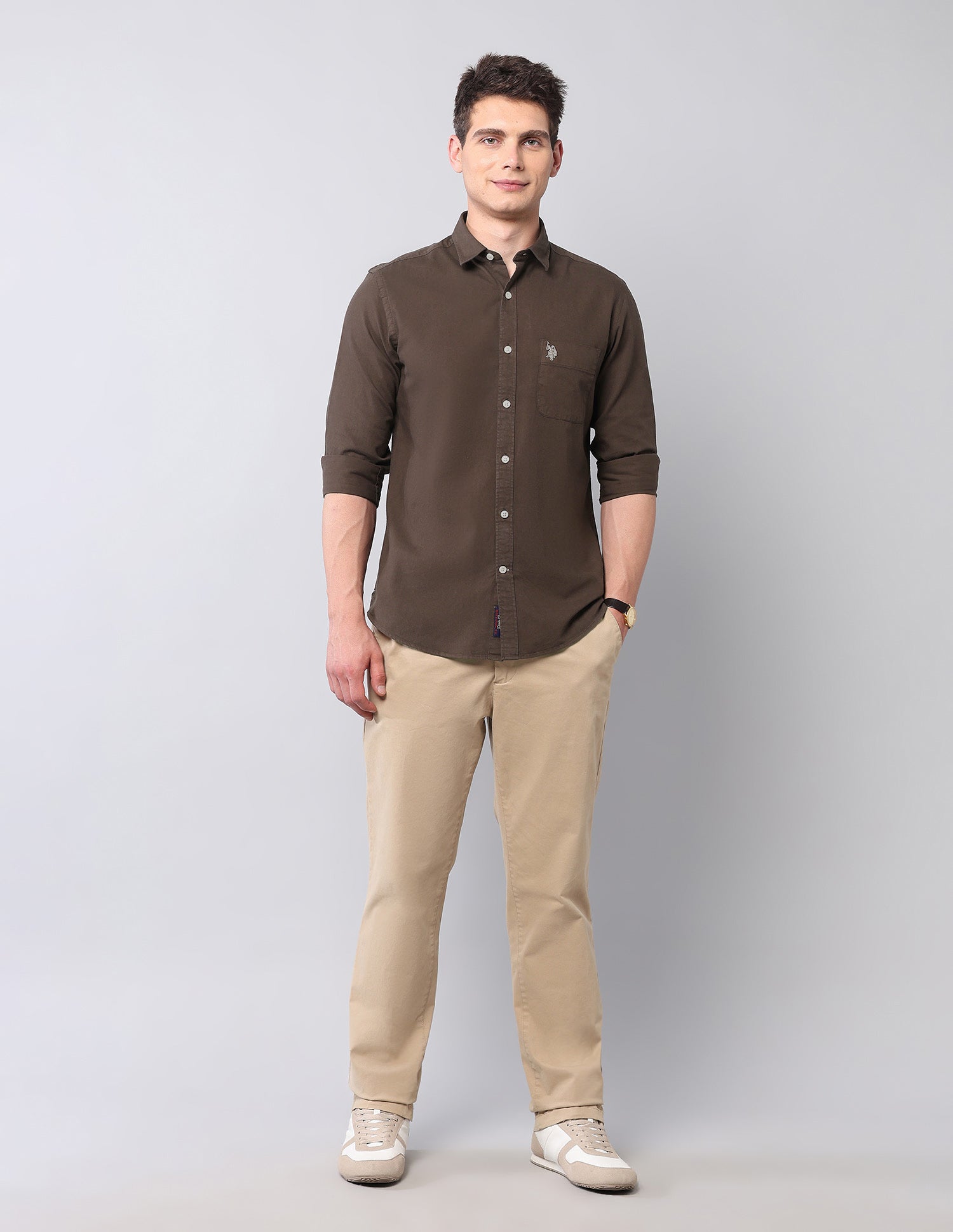 Slim Fit Pure Cotton Twill Shirt Brown - U.S. POLO ASSN. | Large