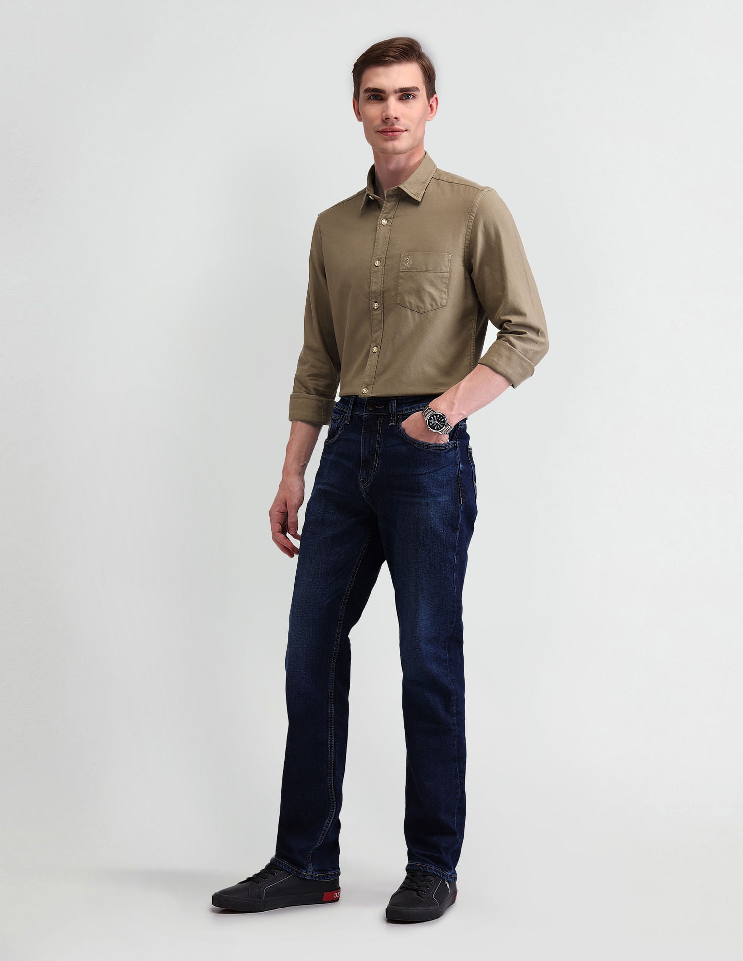 Solid Slim Fit Shirt Khaki - U.S. Polo Assn. India | Large