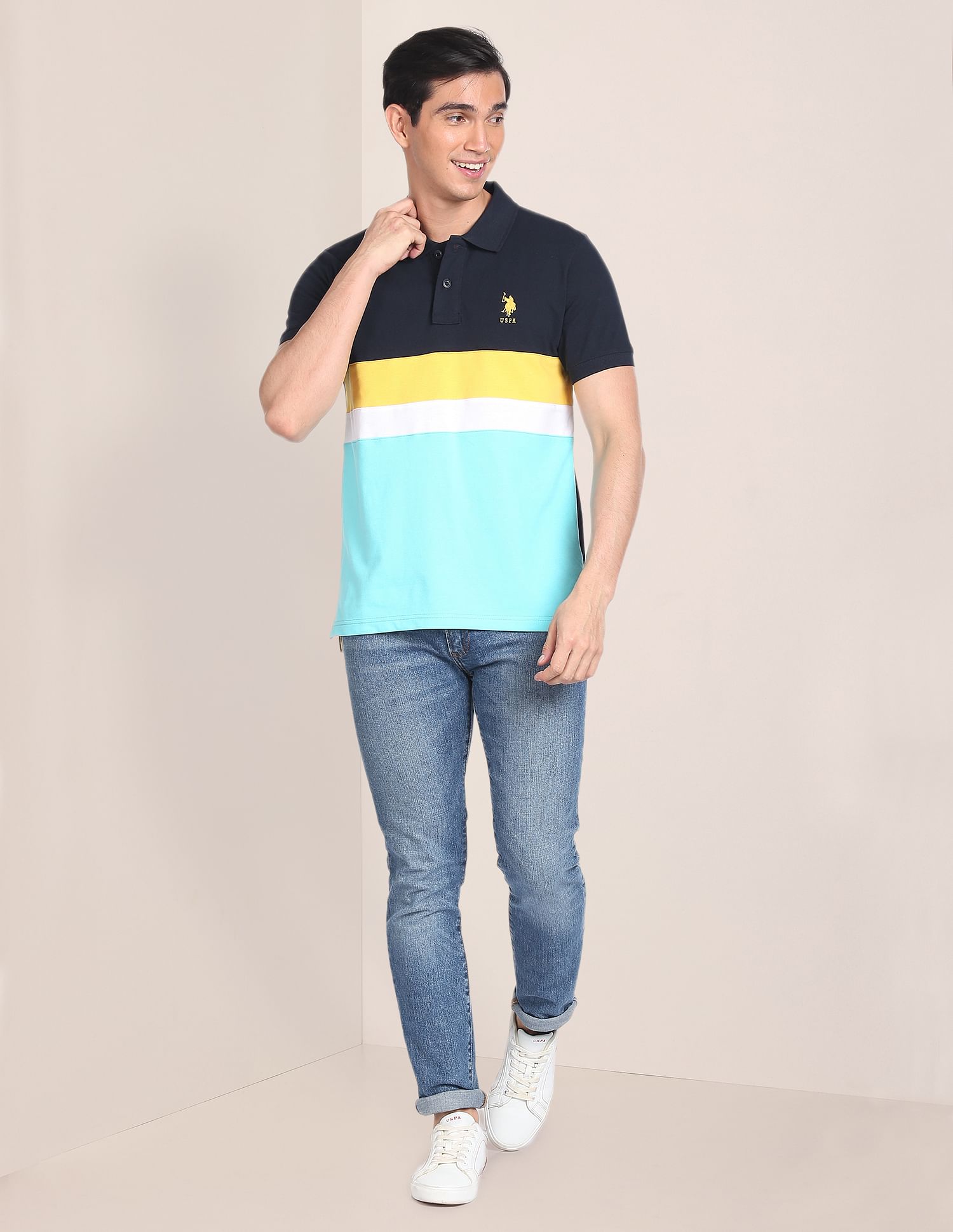 Colour Block Cotton Polo Shirt Navy - U.S. POLO ASSN. | Large