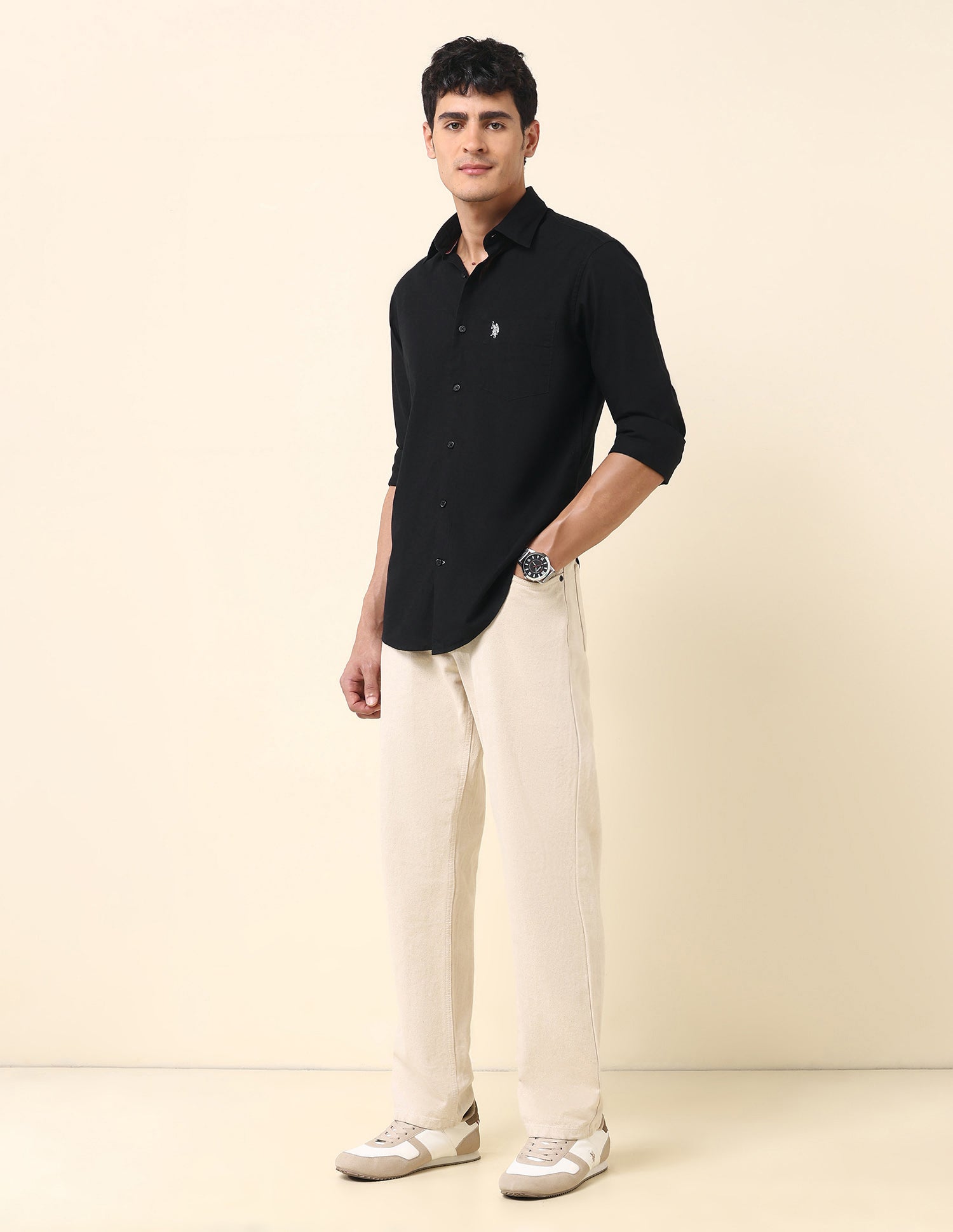 Tailored Fit Solid Twill Shirt Black - U.S. Polo Assn. India | Large