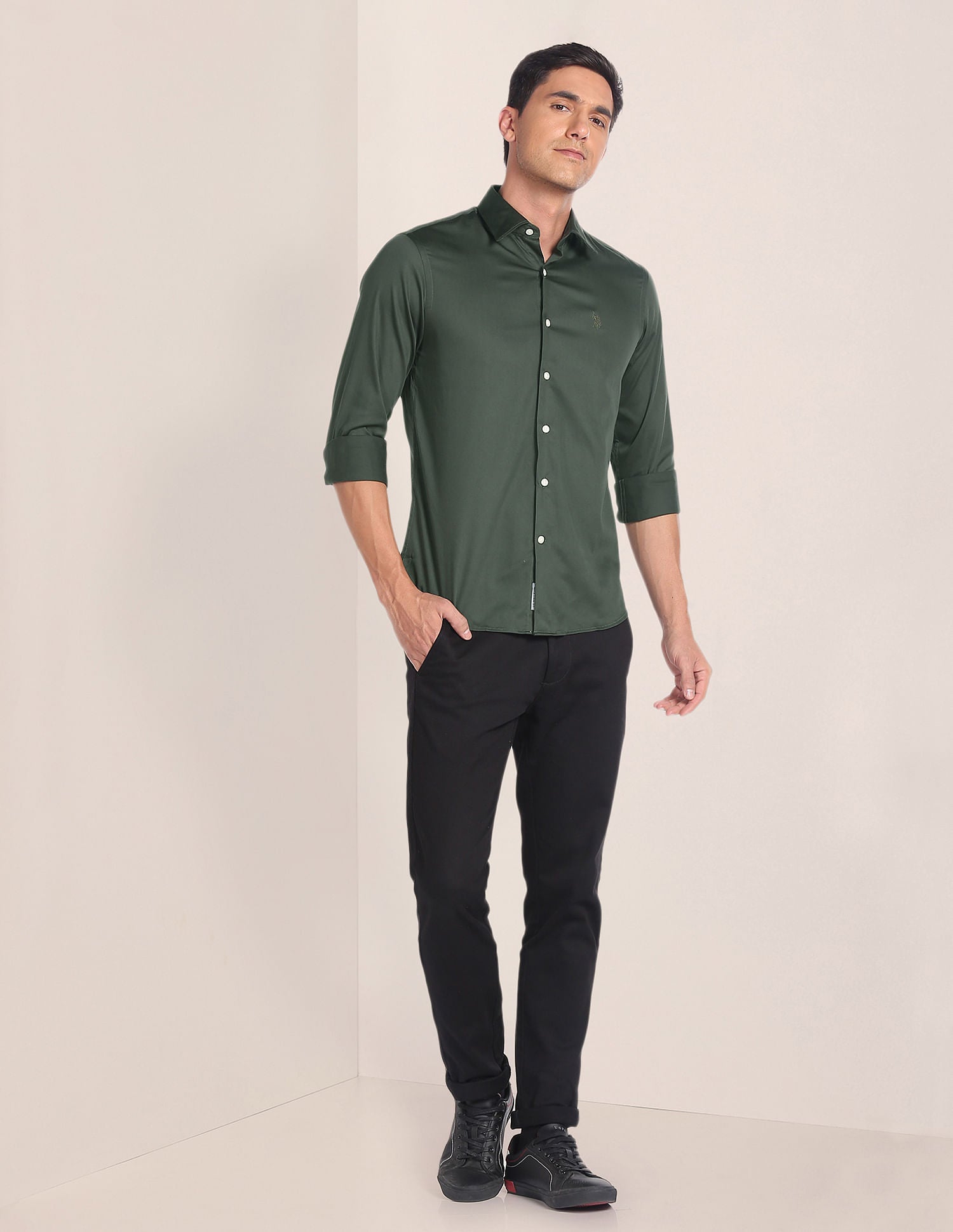 Cutaway Collar Solid Shirt Green - U.S. POLO ASSN. | Large