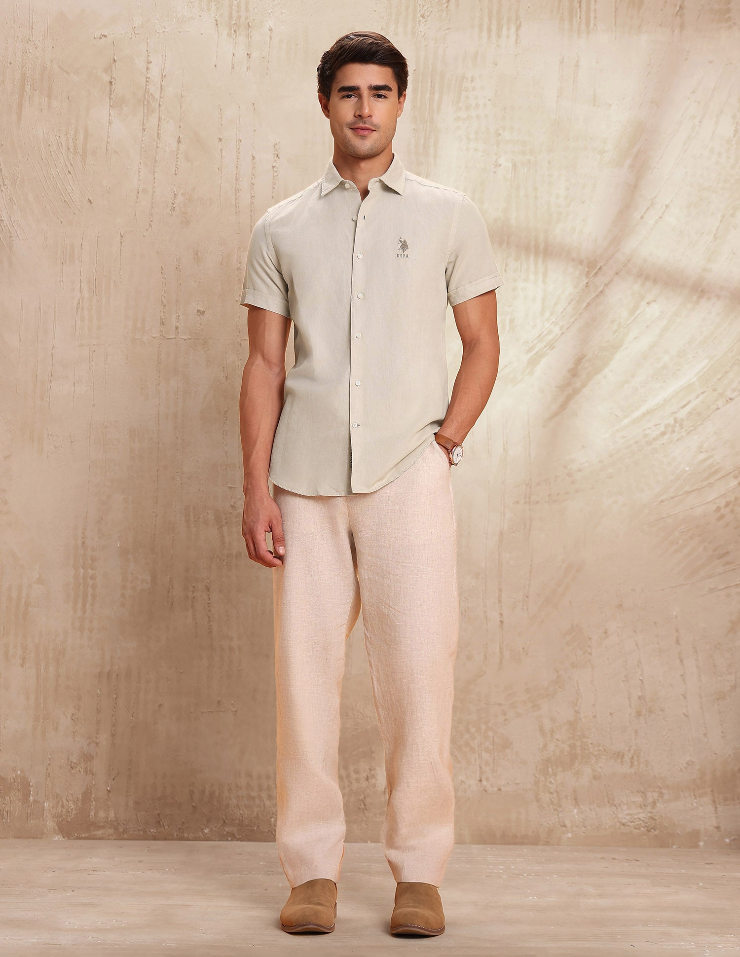 Solid Slim Fit Shirt Beige - U.S. POLO ASSN. | Large