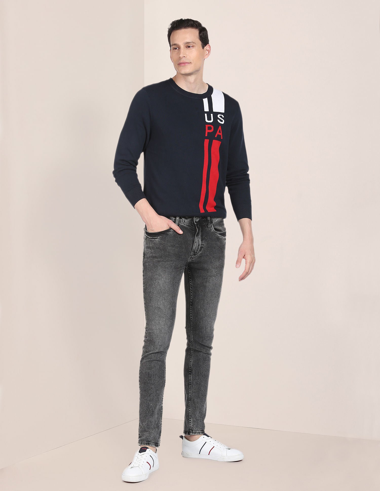 Crew Neck Patterned Knit Sweater Navy - U.S. POLO ASSN. | Large