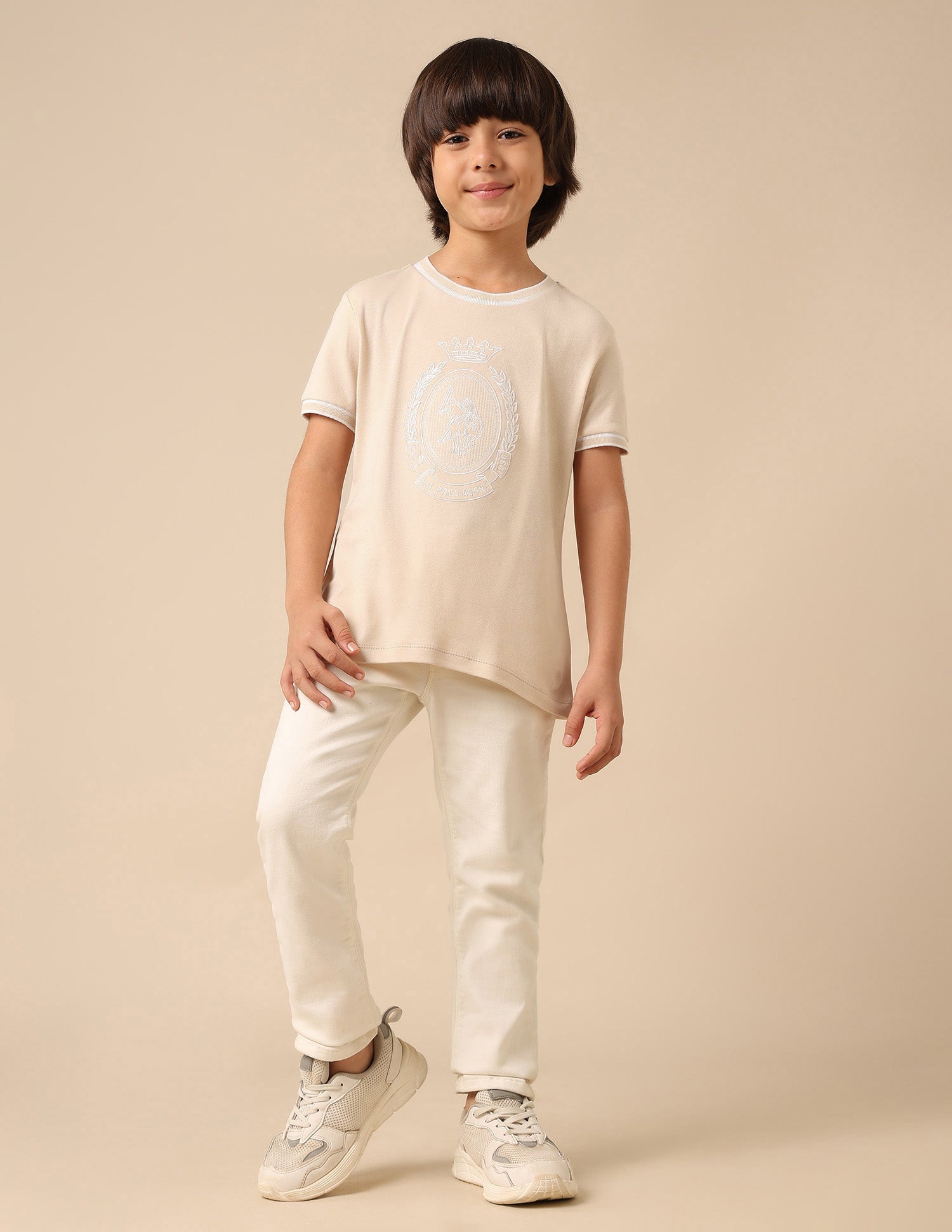 Boys Brand Embroidered Pure Cotton T Shirt Beige - U.S. POLO ASSN. | Large