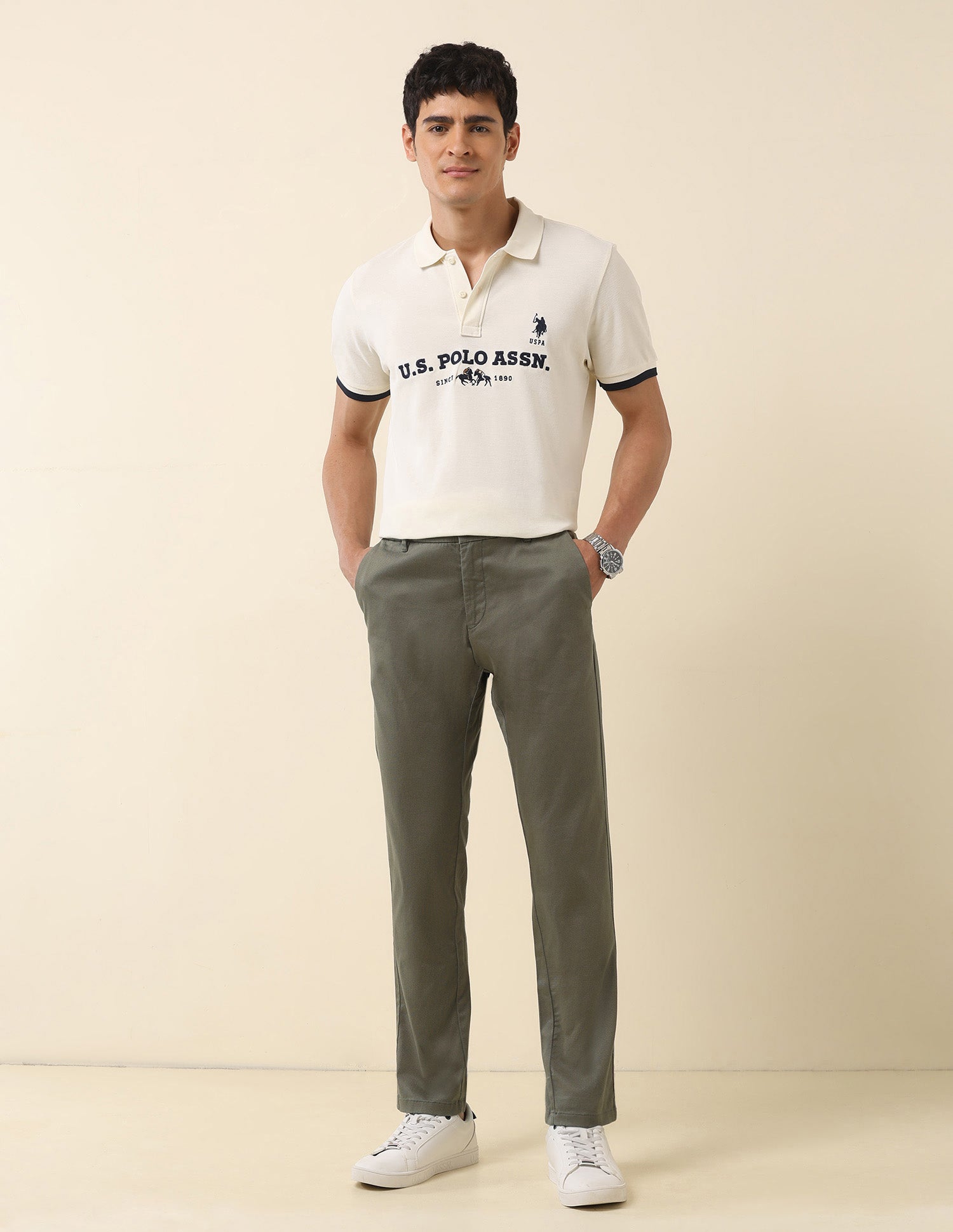 Textured Riley Straight Fit Trousers Olive - U.S. Polo Assn. India | Large