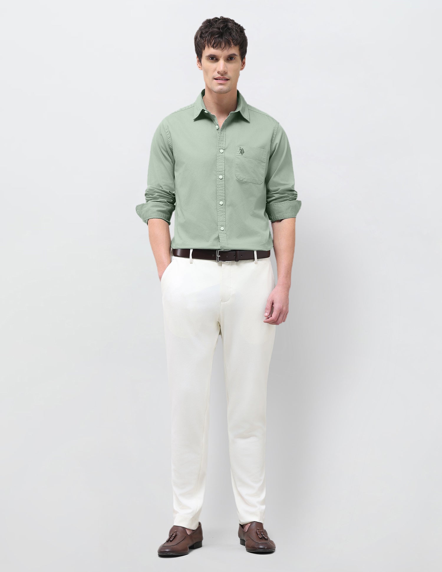 Twill Solid Shirt Light Olive - U.S. Polo Assn. India | Large