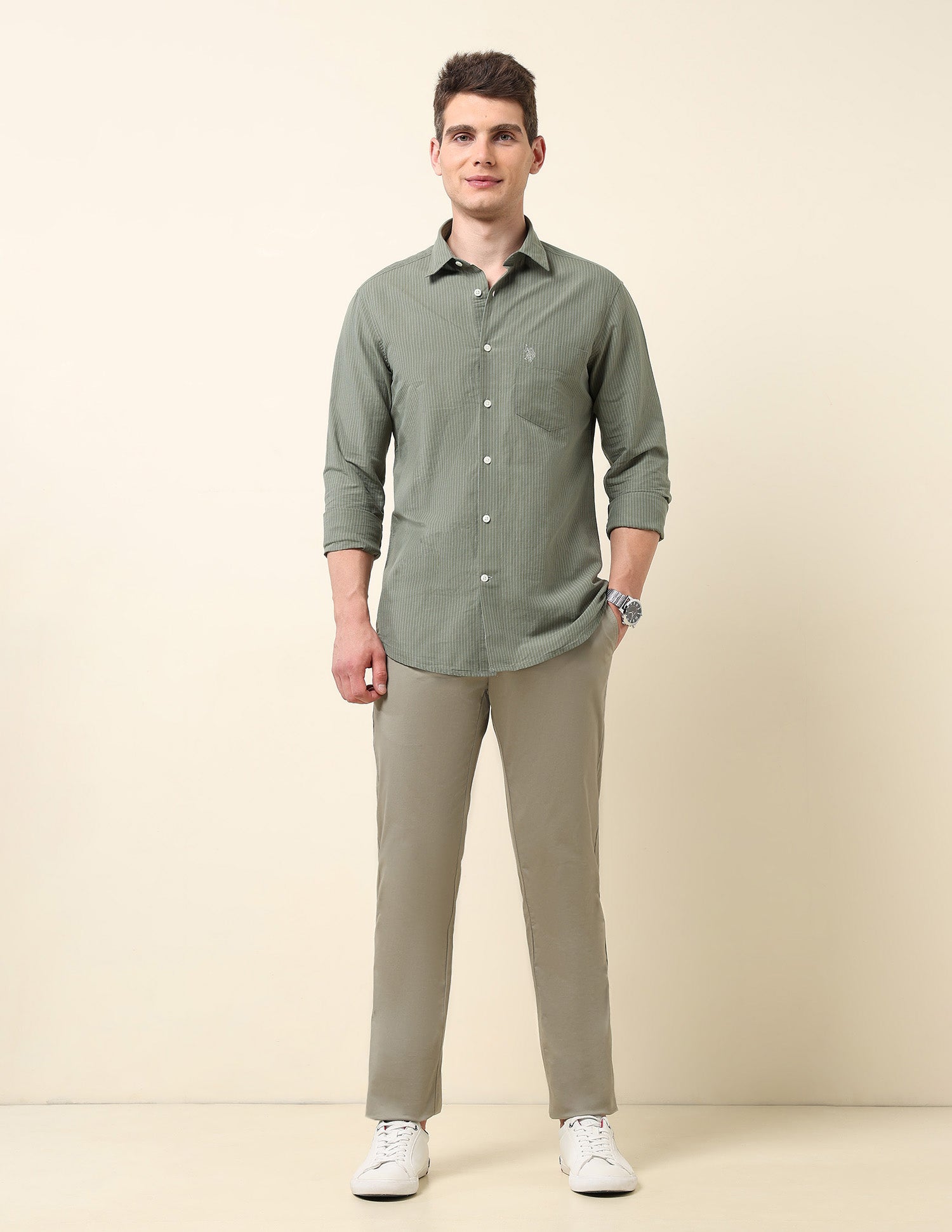 Pinstriped Tailored Fit Shirt Light Green - U.S. Polo Assn. India | Large