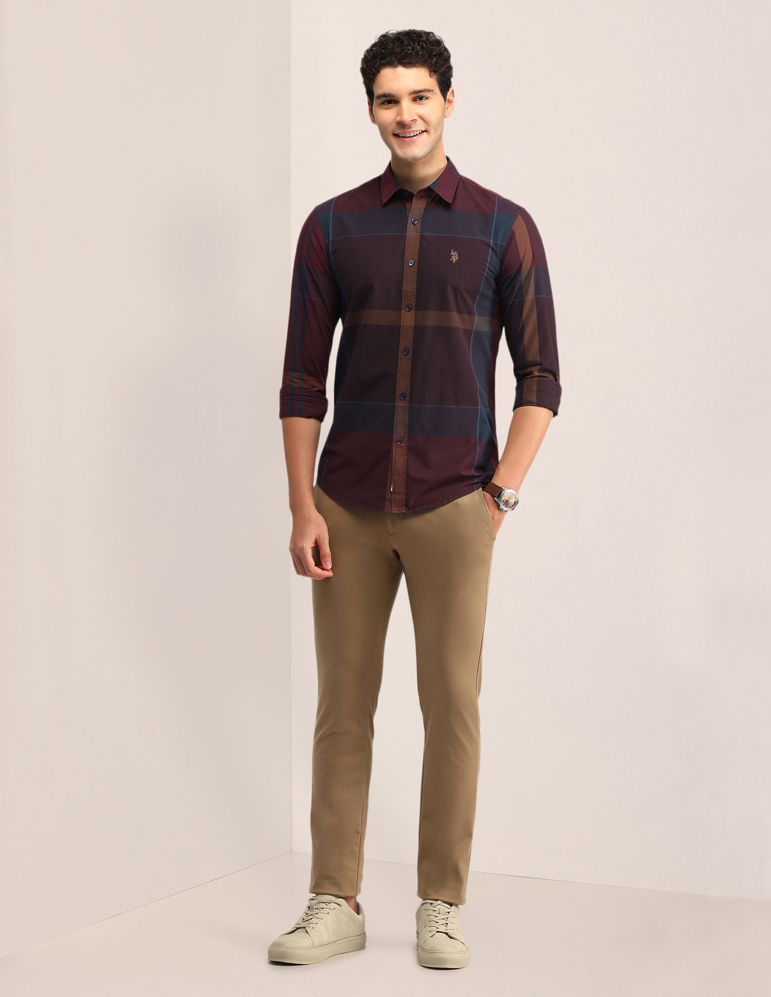 Grid Tattersall Checked Tailored Fit Shirt Maroon - U.S. Polo Assn. India | Large