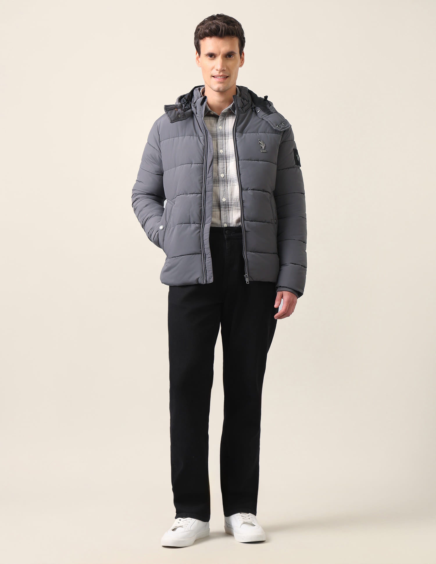 Regular Fit Solid Padded Jacket Dark Grey - U.S. Polo Assn. India | Large