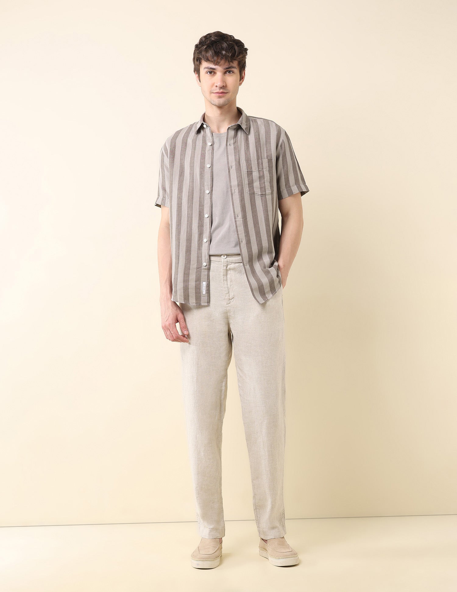 Vertical Striped Tailored Fit Ctm Shirt Khaki - U.S. Polo Assn. India | Large