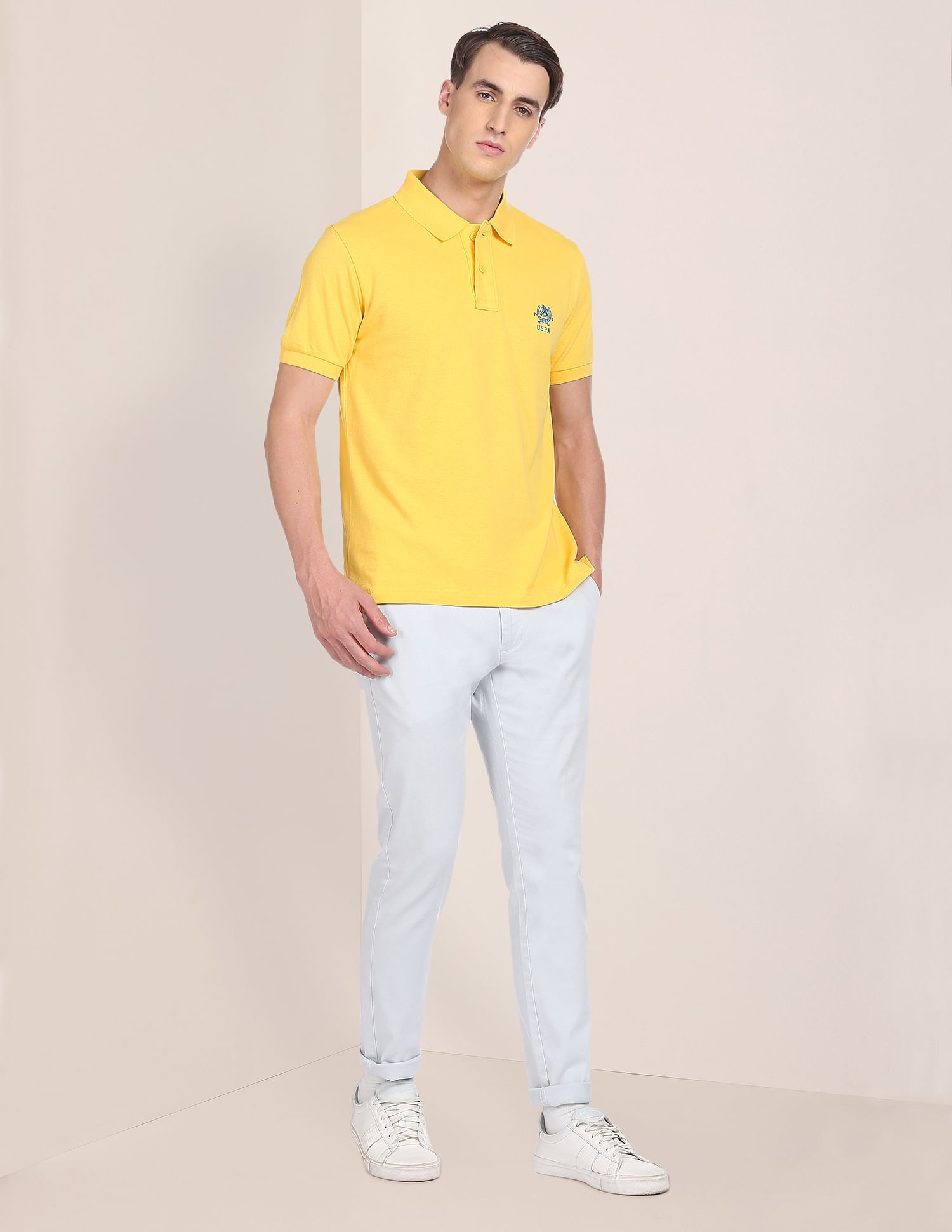 Men Yellow Solid Pique Knit Pure Cotton Polo Shirt Yellow - U.S. POLO ASSN. | Large