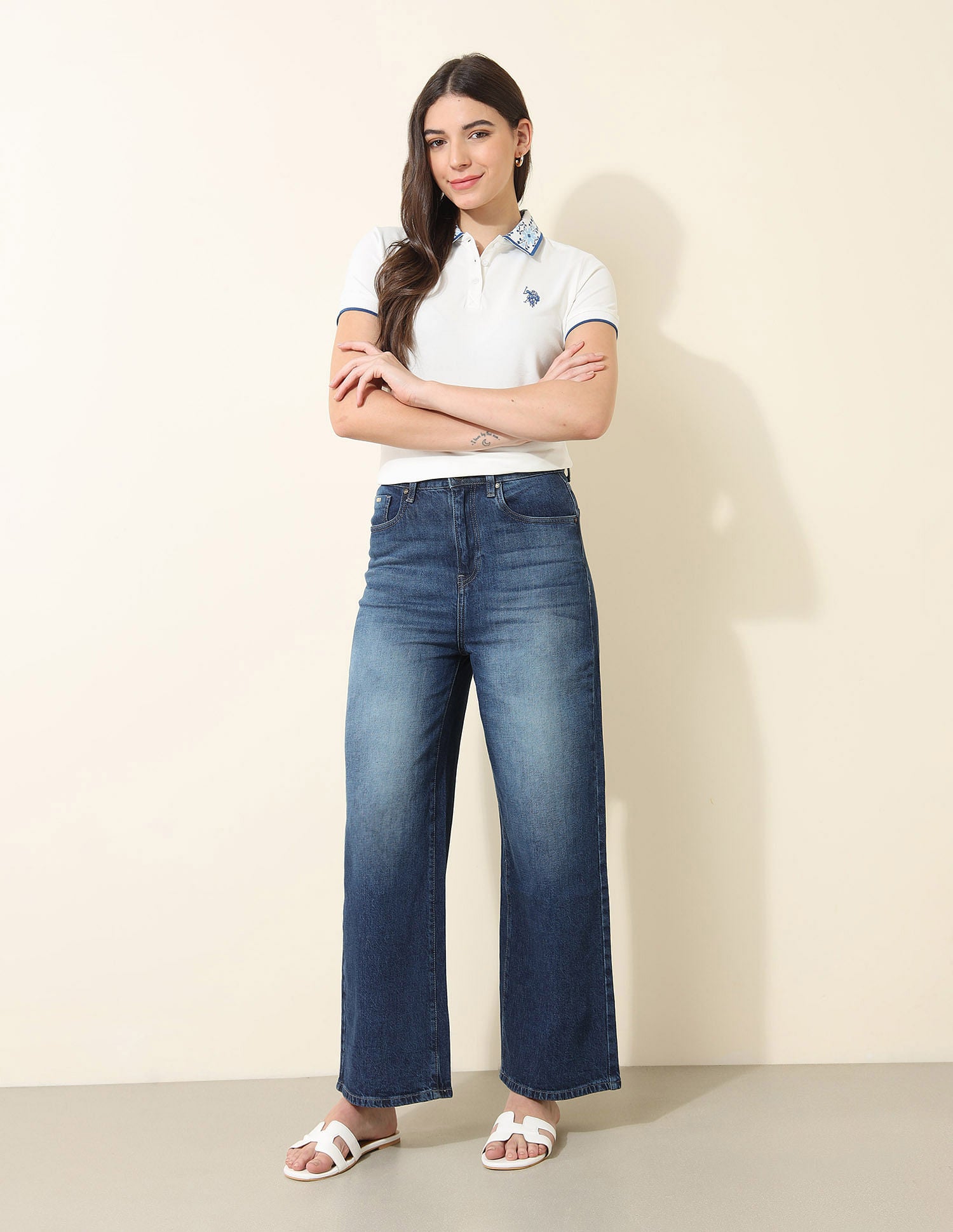 High Rise Wide Leg Comfort Stretch Jeans Dark Blue - U.S. Polo Assn. India | Large