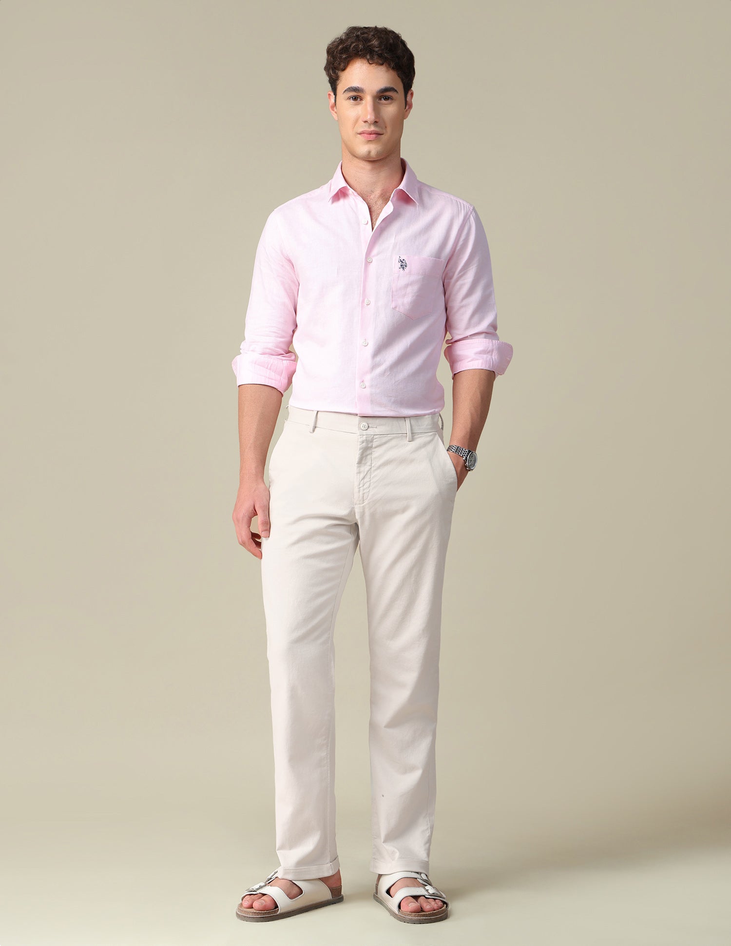 Riley Straight Fit Mid Rise Trousers Beige - U.S. Polo Assn. India | Large