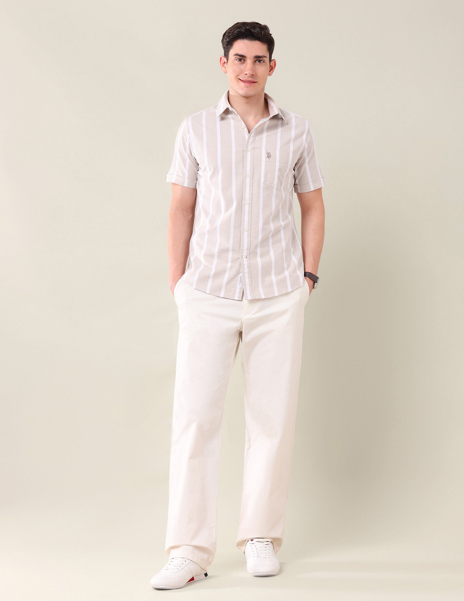 Vertical Striped Tailored Fit Shirt Beige - U.S. Polo Assn. India | Large