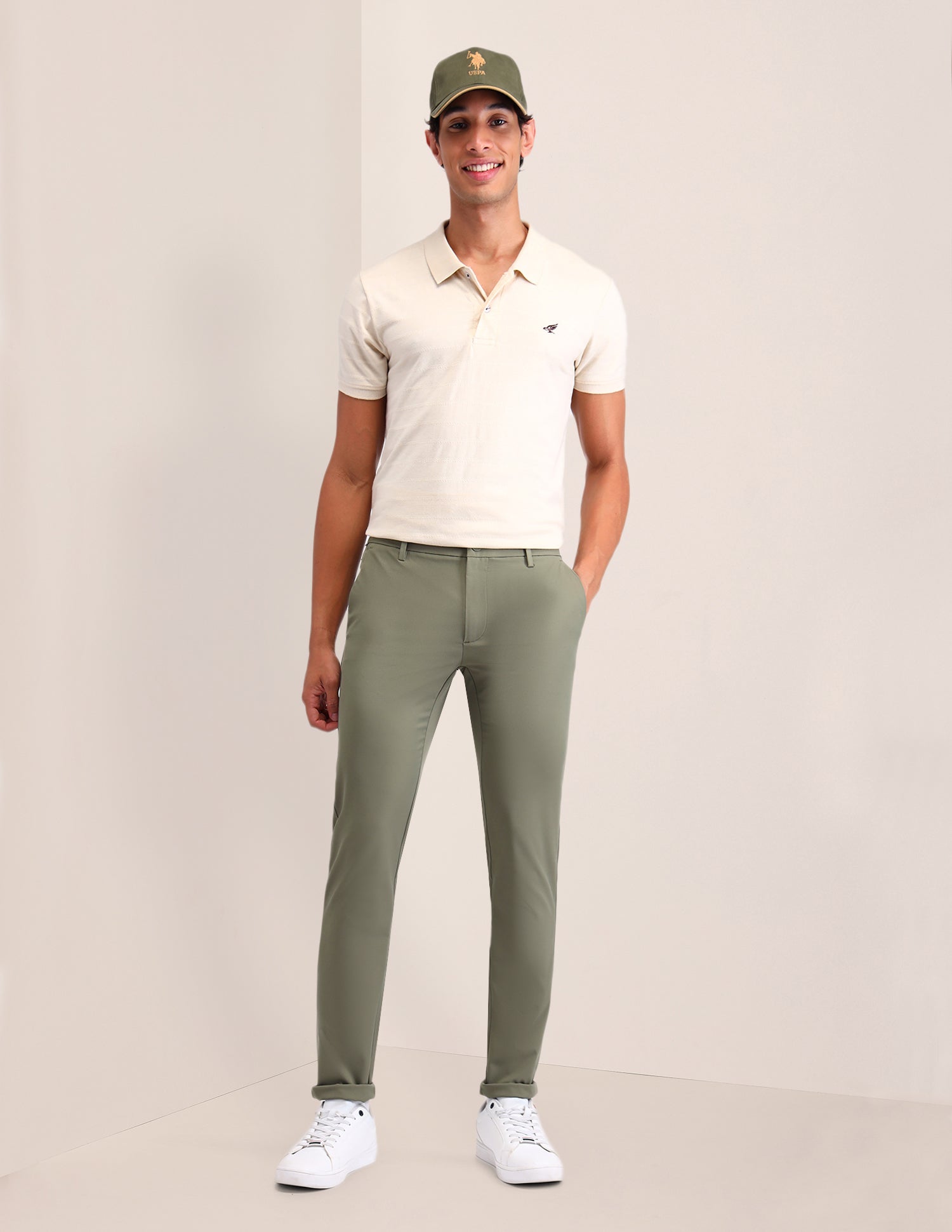 Austin Slim Fit Solid Trousers Light Olive - U.S. Polo Assn. India | Large