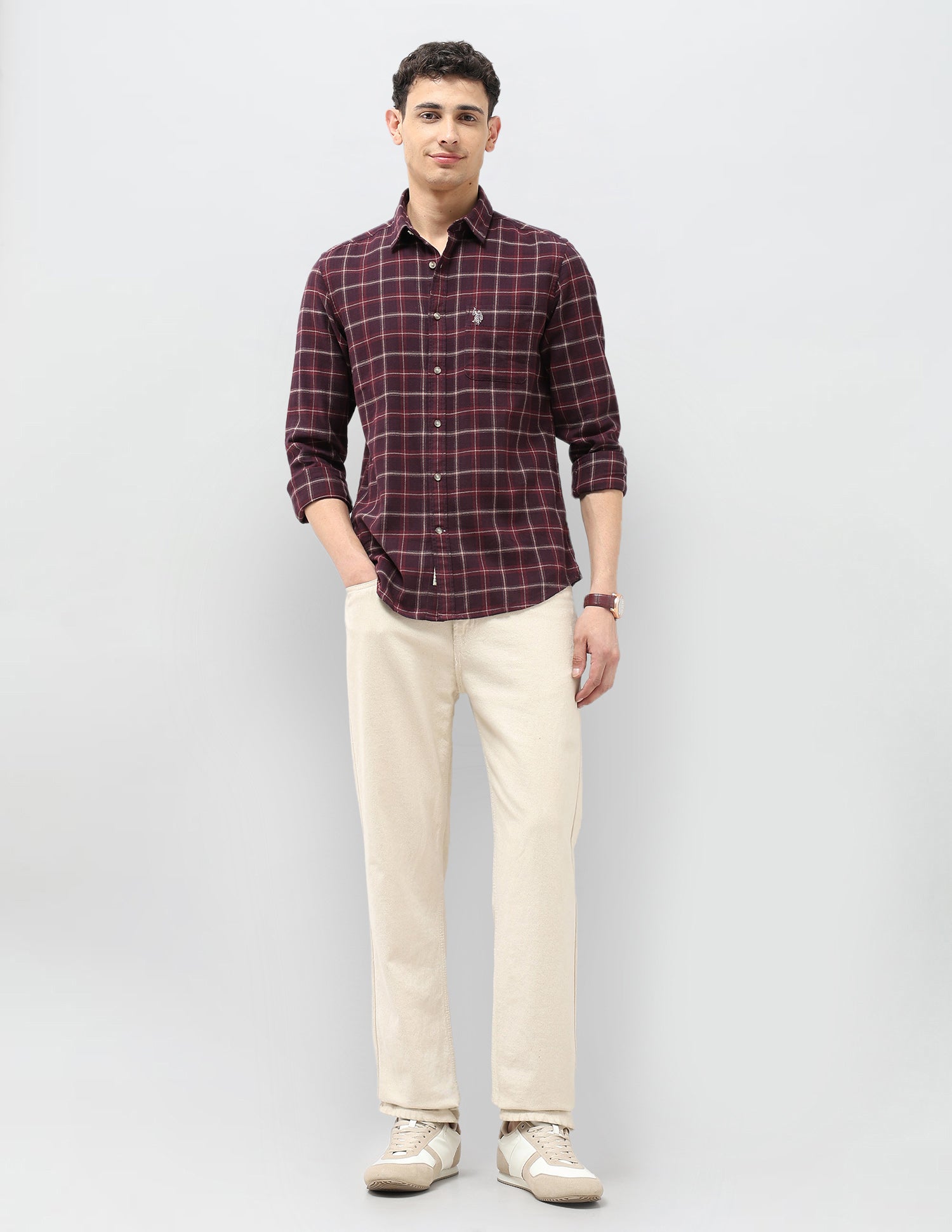 Grid Tattersall Checked Herringbone Shirt Wine - U.S. POLO ASSN. | Large