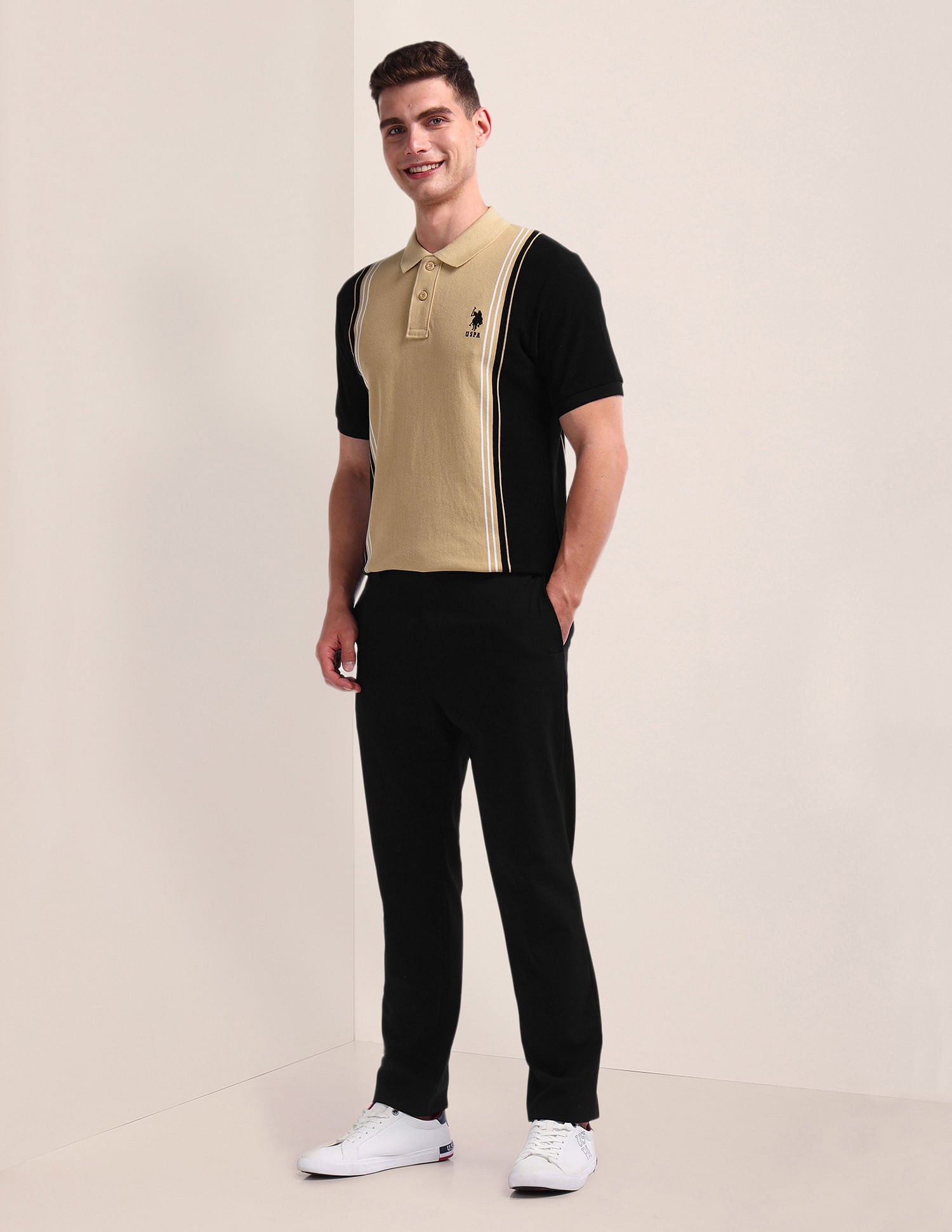 Colour Block Pique Polo Shirt Beige and Black - U.S. Polo Assn. India | Large