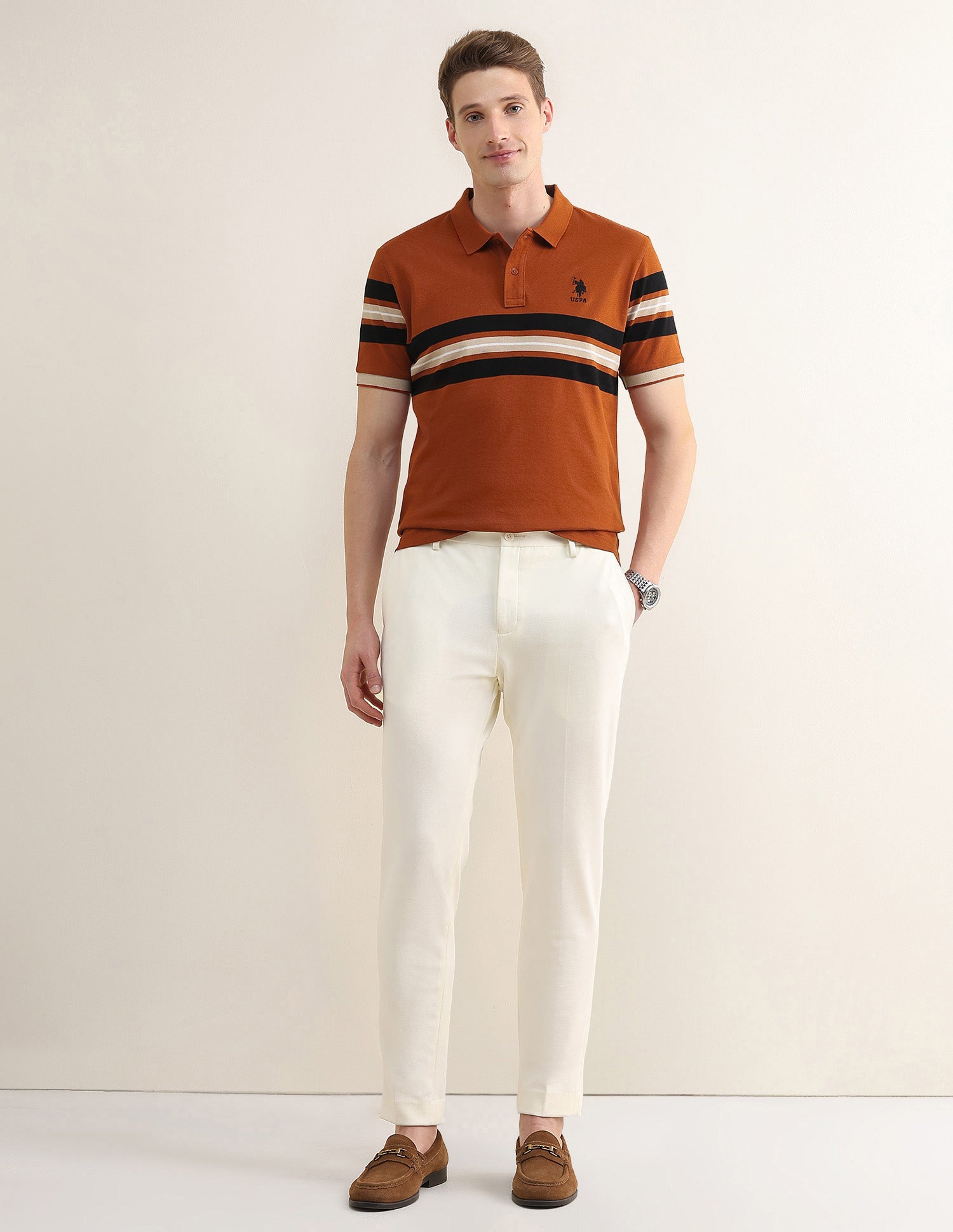 Horizontal Striped Slim Fit Polo Shirt Rust - U.S. Polo Assn. India | Large