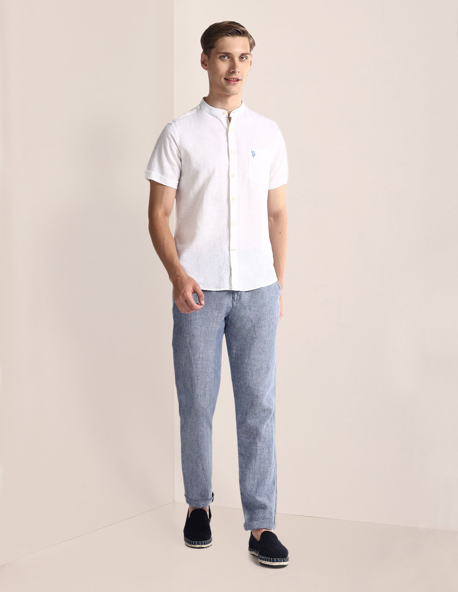 Mandarin Collar Linen Blend Shirt White - U.S. Polo Assn. India | Large
