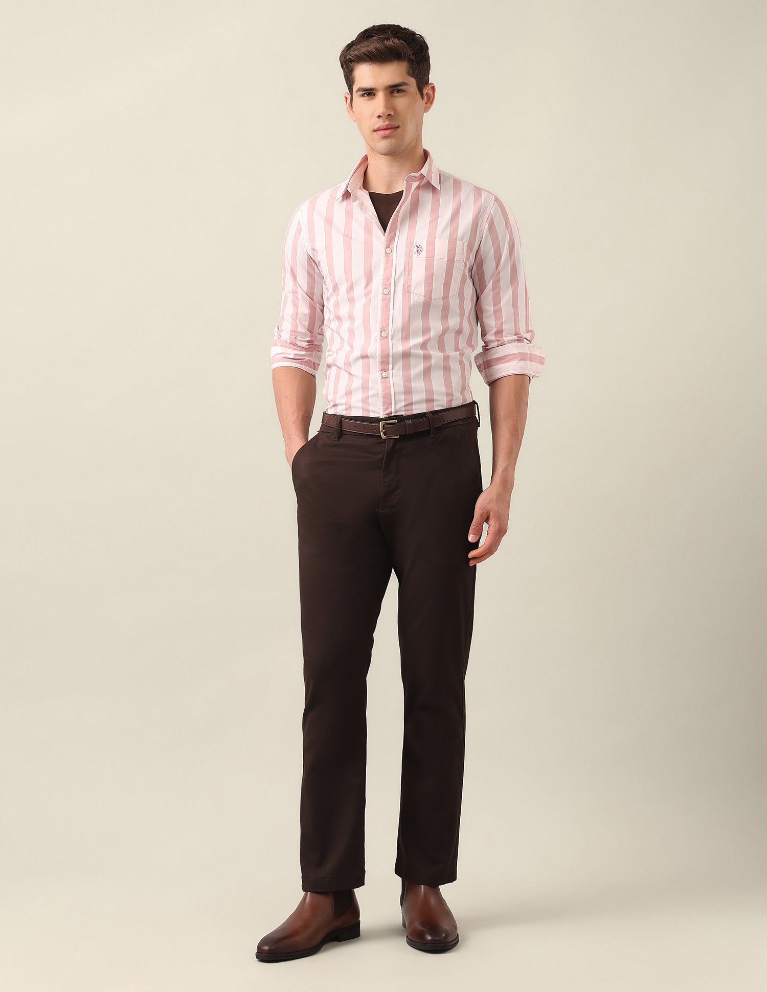 Tailored Fit Vertical Striped Shirt Peach - U.S. Polo Assn. India | Large