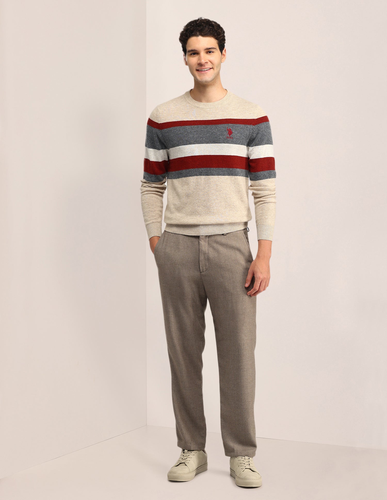 Horizontal Striped Regular Fit Sweater Beige - U.S. Polo Assn. India | Large