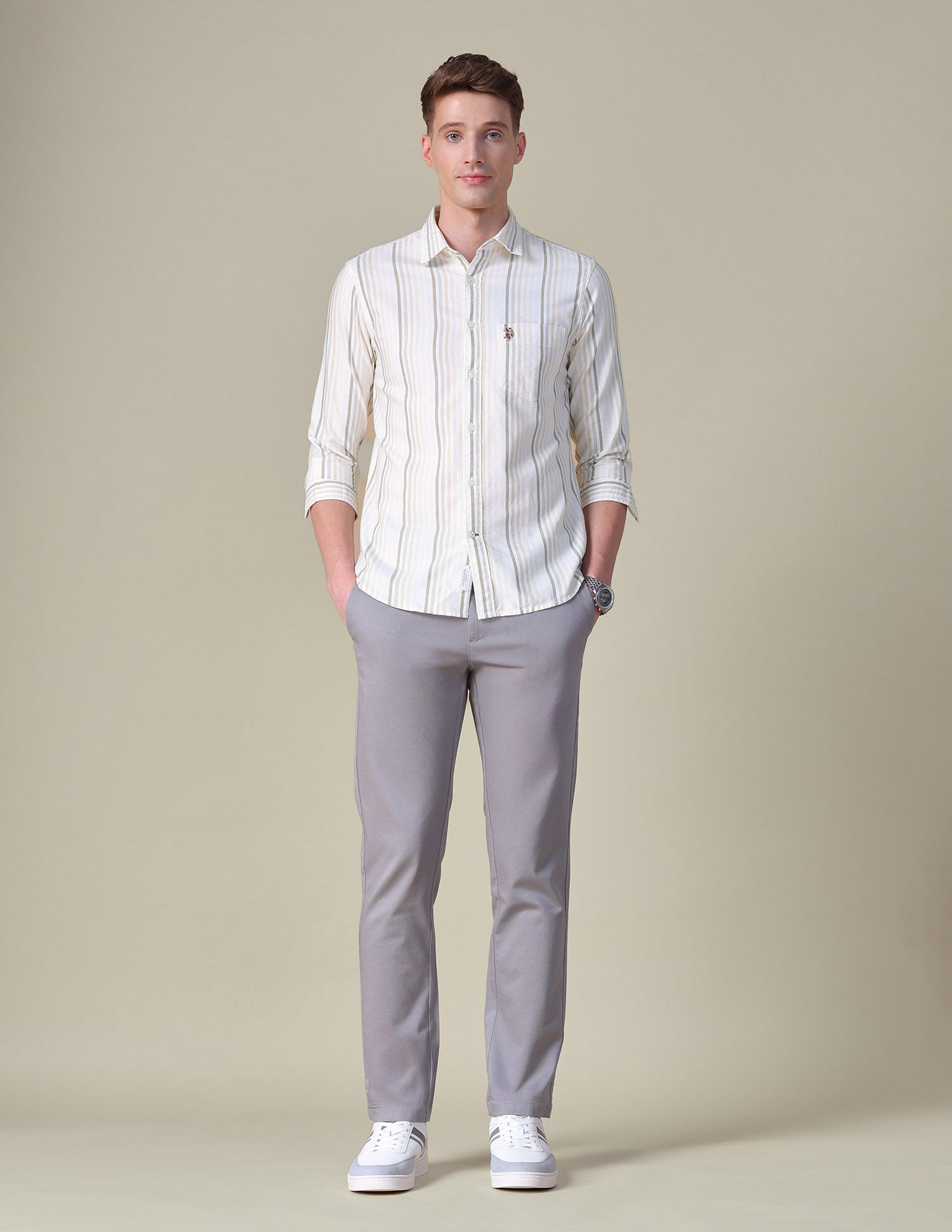 Vertical Striped Tailored Fit Shirt Beige - U.S. POLO ASSN. | Large