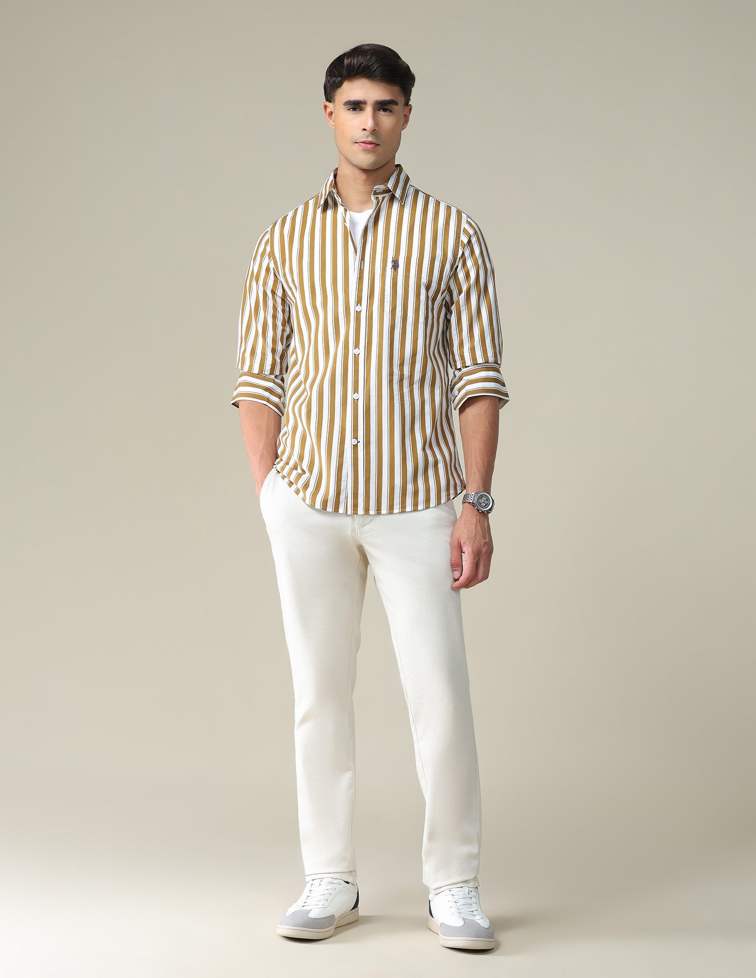 Vertical Stripe Cotton Shirt Ochre and White - U.S. POLO ASSN. | Large
