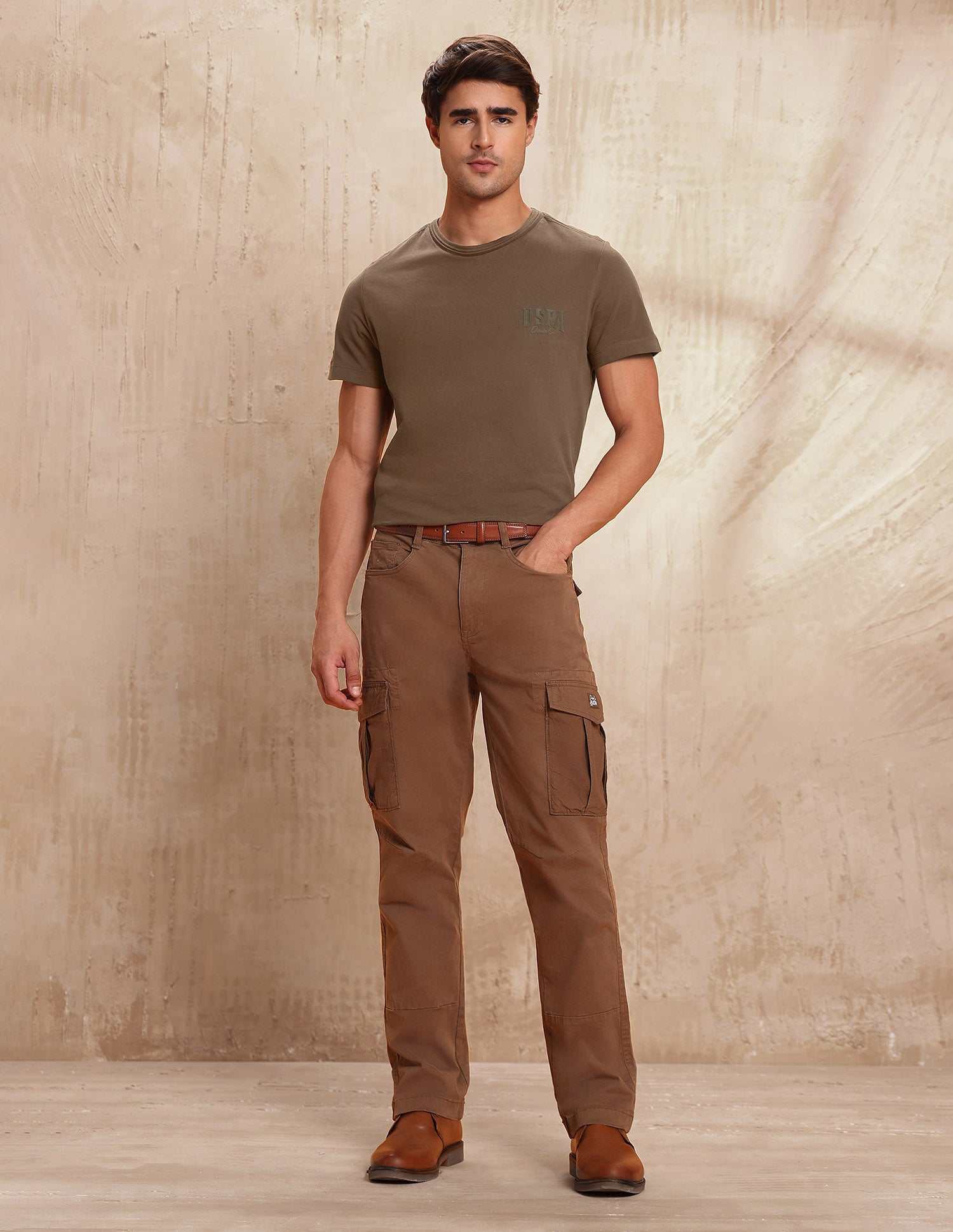 Textured Pure Cotton T-Shirt Dark Khaki - U.S. POLO ASSN. | Large