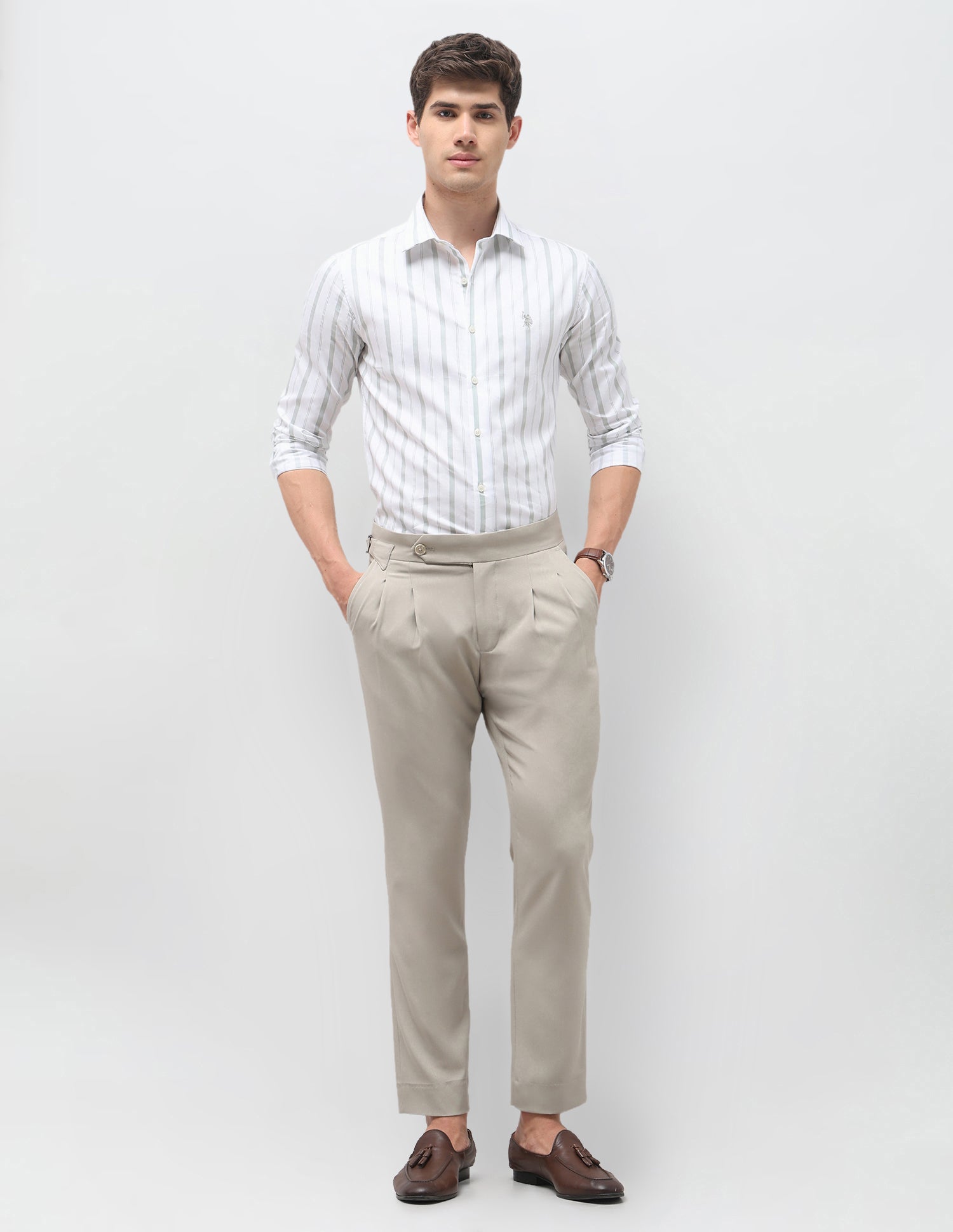 Vertical Striped Satin Shirt Light Green - U.S. Polo Assn. India | Large