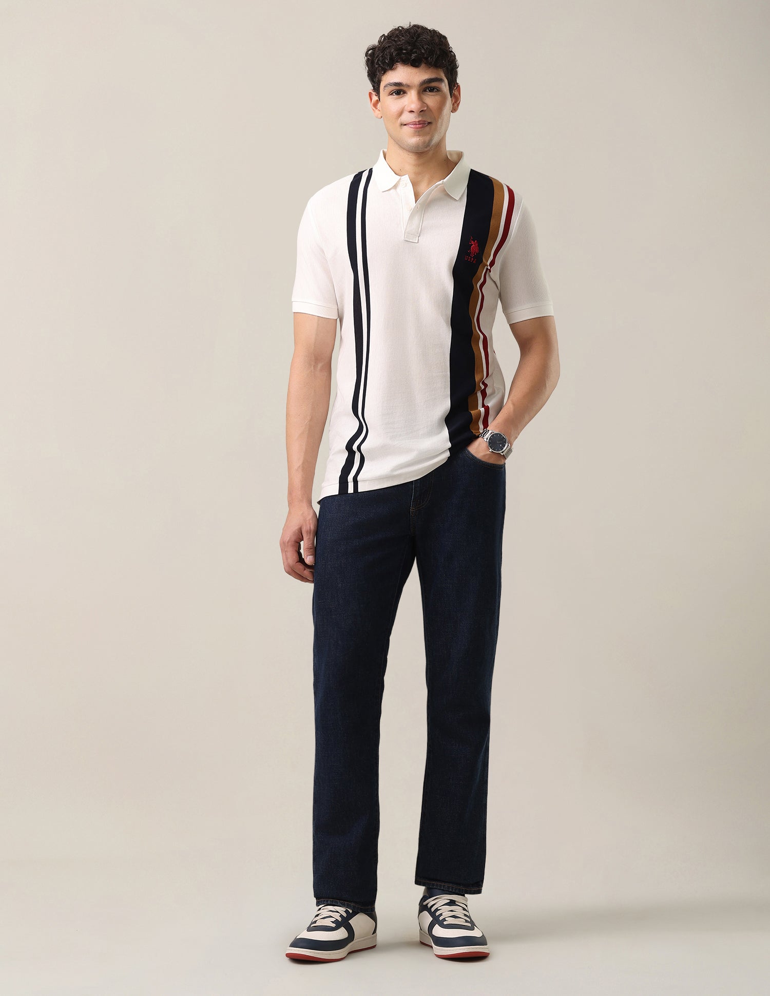 Vertical Striped Slim Fit Polo Shirt Off White - U.S. Polo Assn. India | Large