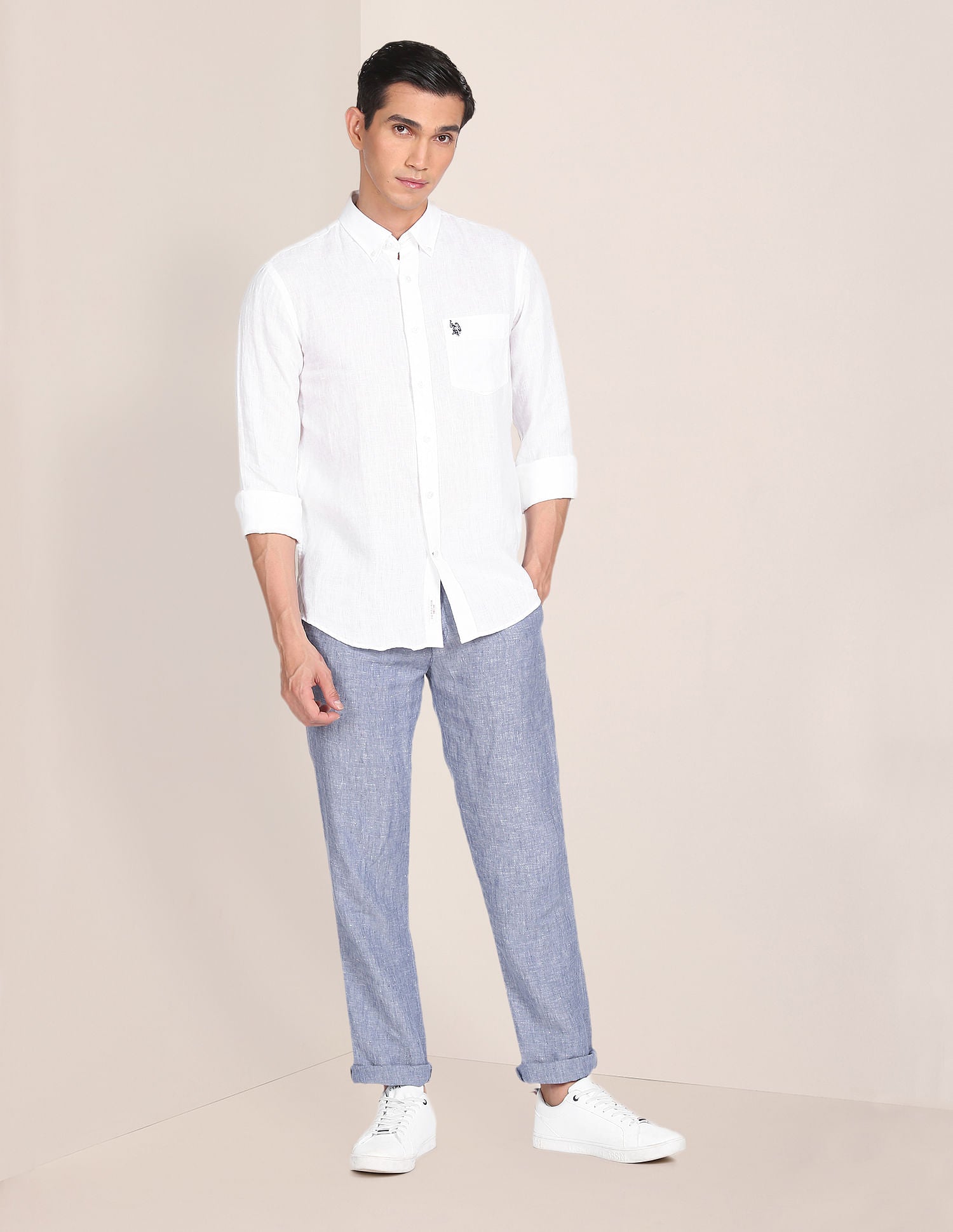 Button Down Collar Linen Shirt White - U.S. Polo Assn. India | Large