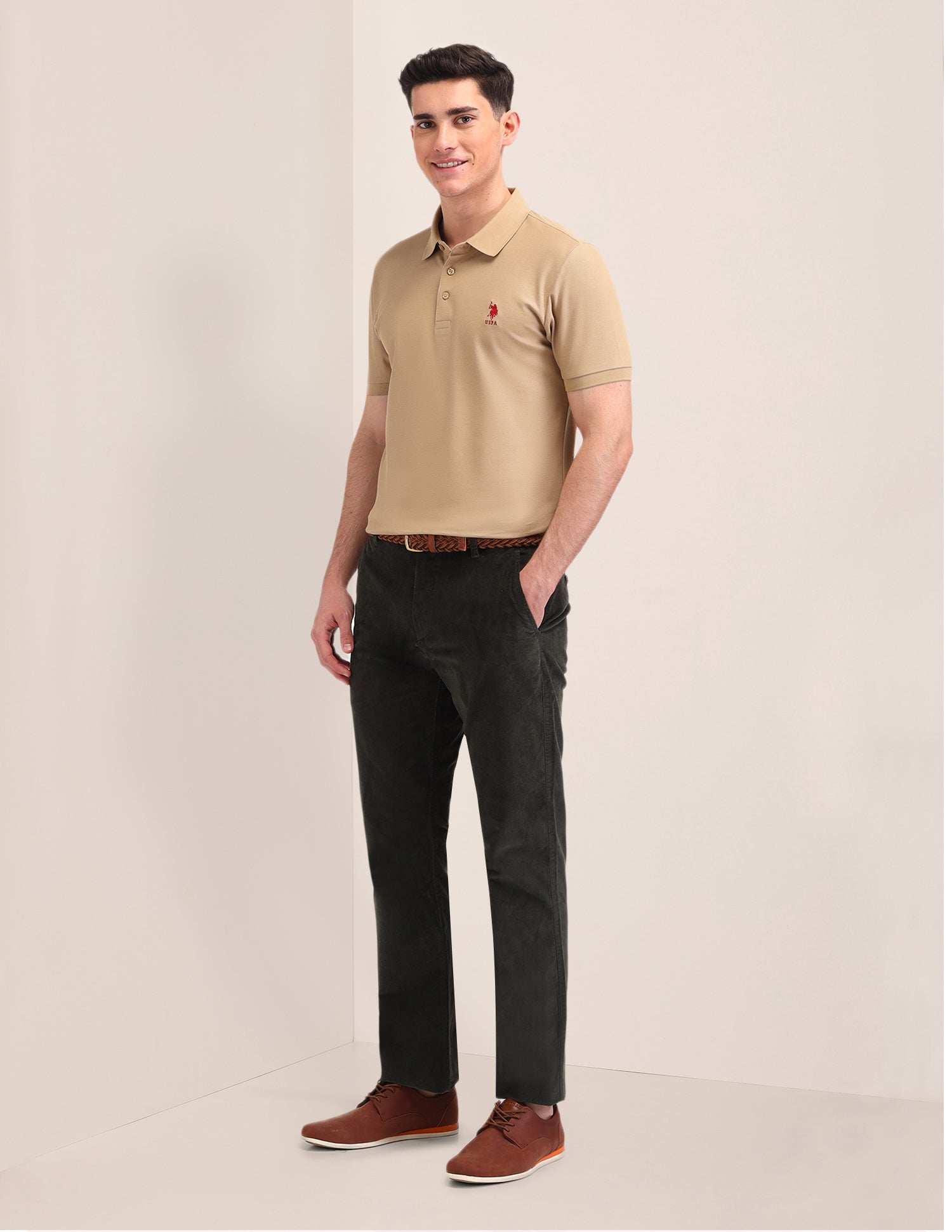 Solid Pattern Cotton Polo Shirt Beige - U.S. Polo Assn. India | Large
