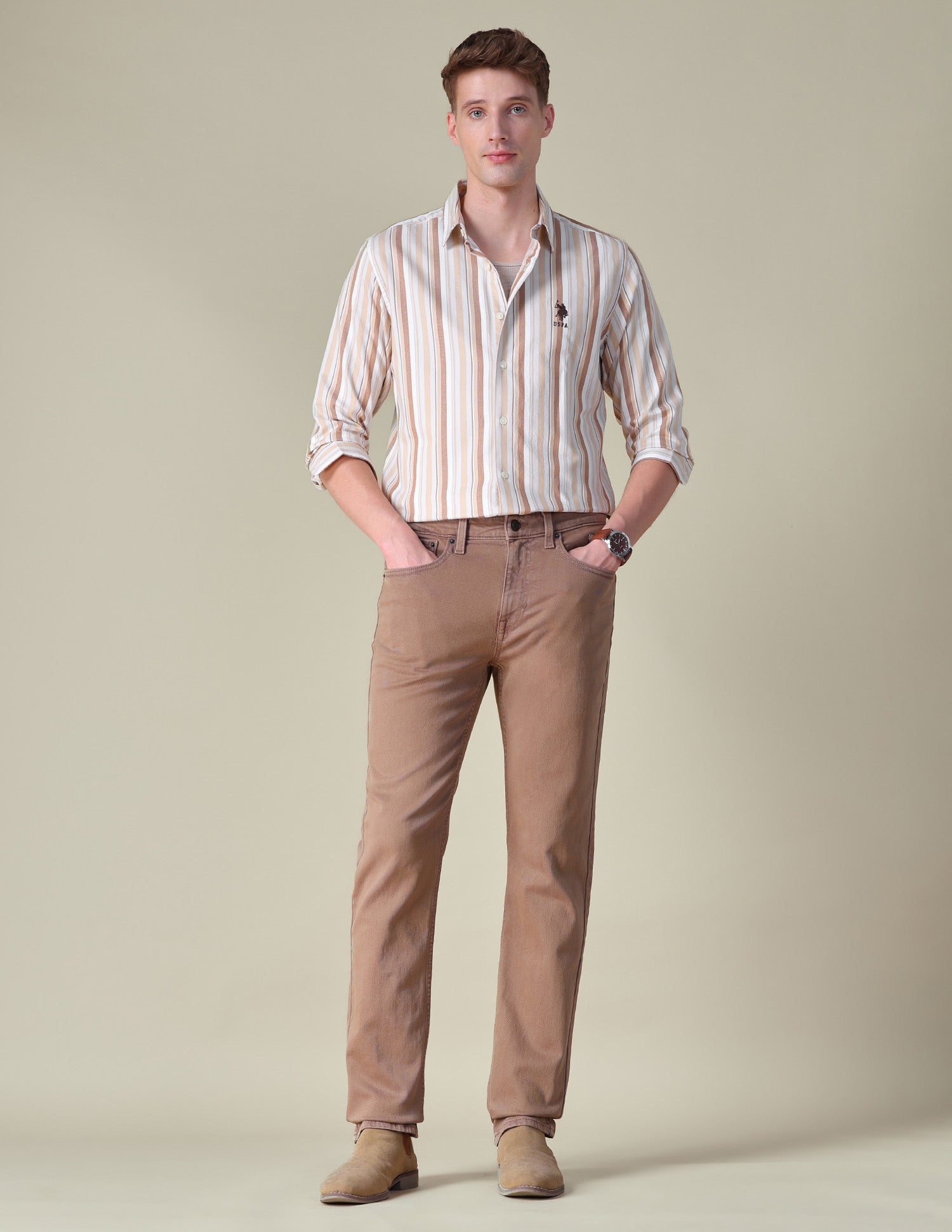 Vertical Striped Regular Fit Shirt Brown - U.S. POLO ASSN. | Large