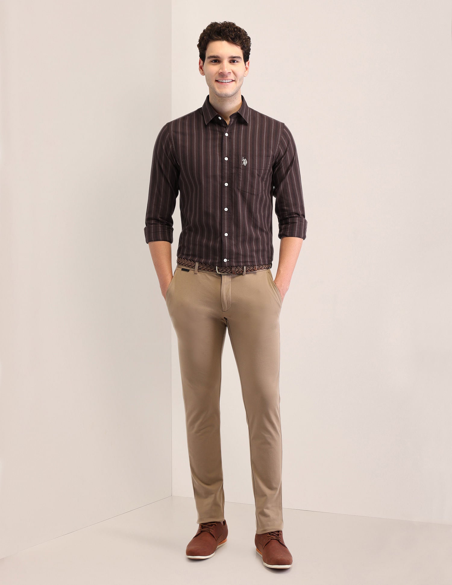 Tailored Fit Oxford Striped Shirt Dark Brown - U.S. POLO ASSN. | Large