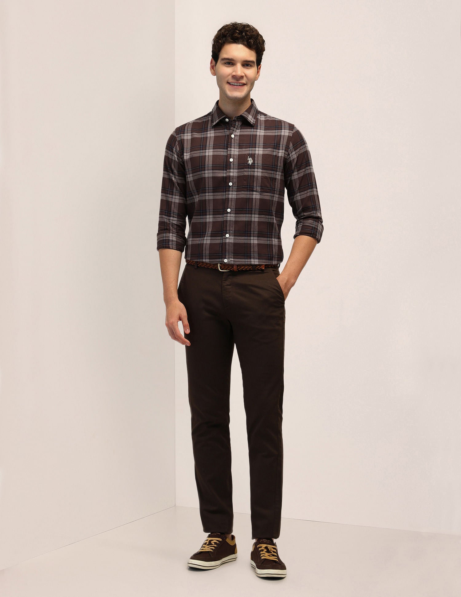 Tailored Fit Dobby Checked Shirt Brown - U.S. POLO ASSN. | Large