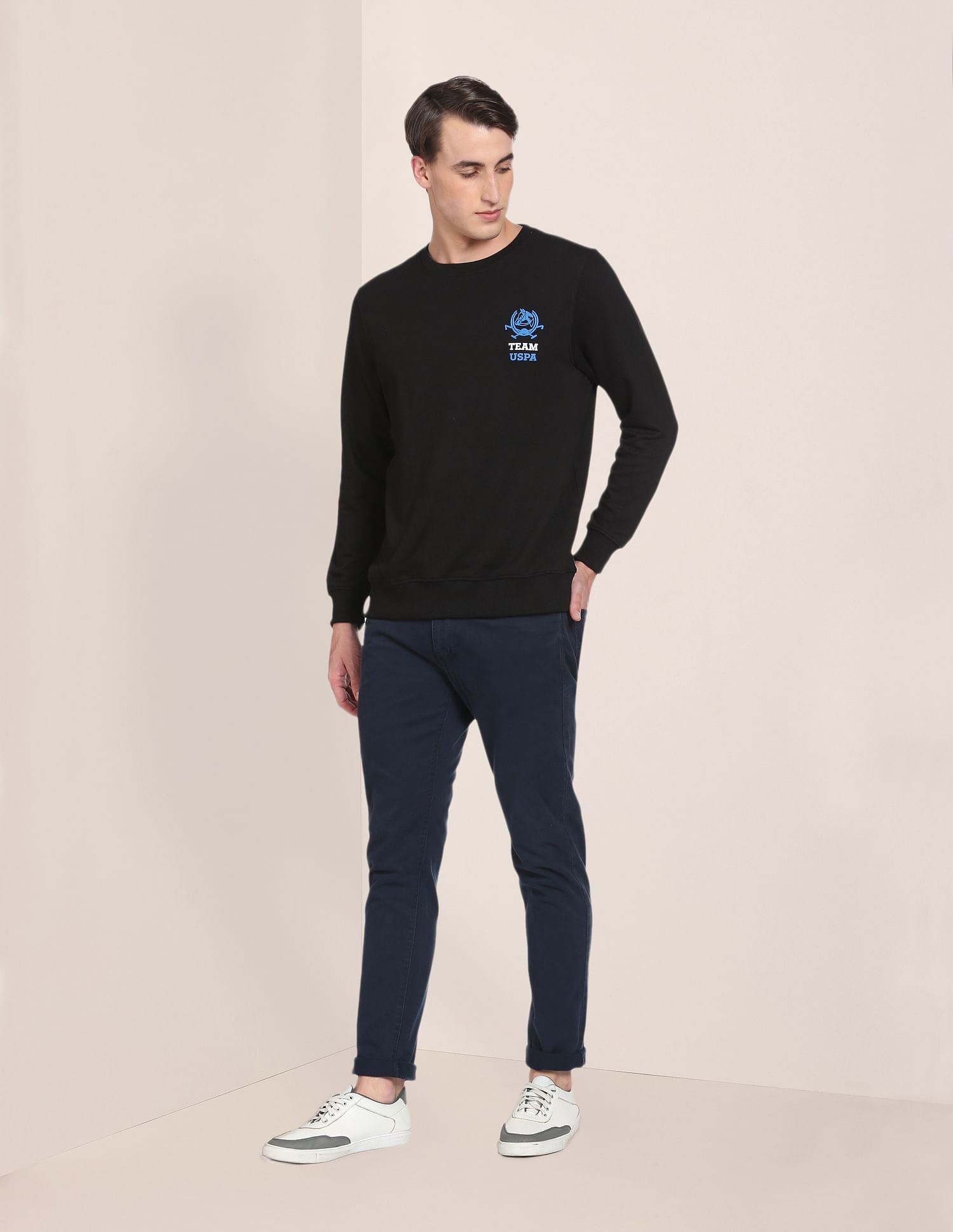 Men Black Crew Neck Logo Solid Sweatshirt Black - U.S. POLO ASSN. | Large