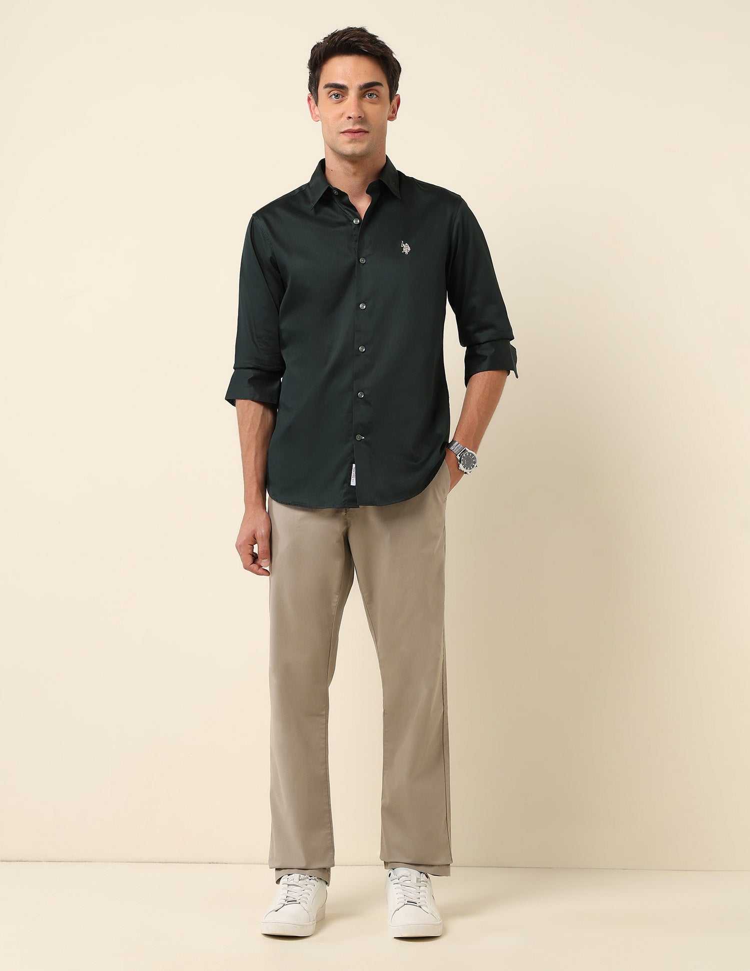 Tailored Fit Satin Pure Cotton Shirt Dark Olive - U.S. Polo Assn. India | Large