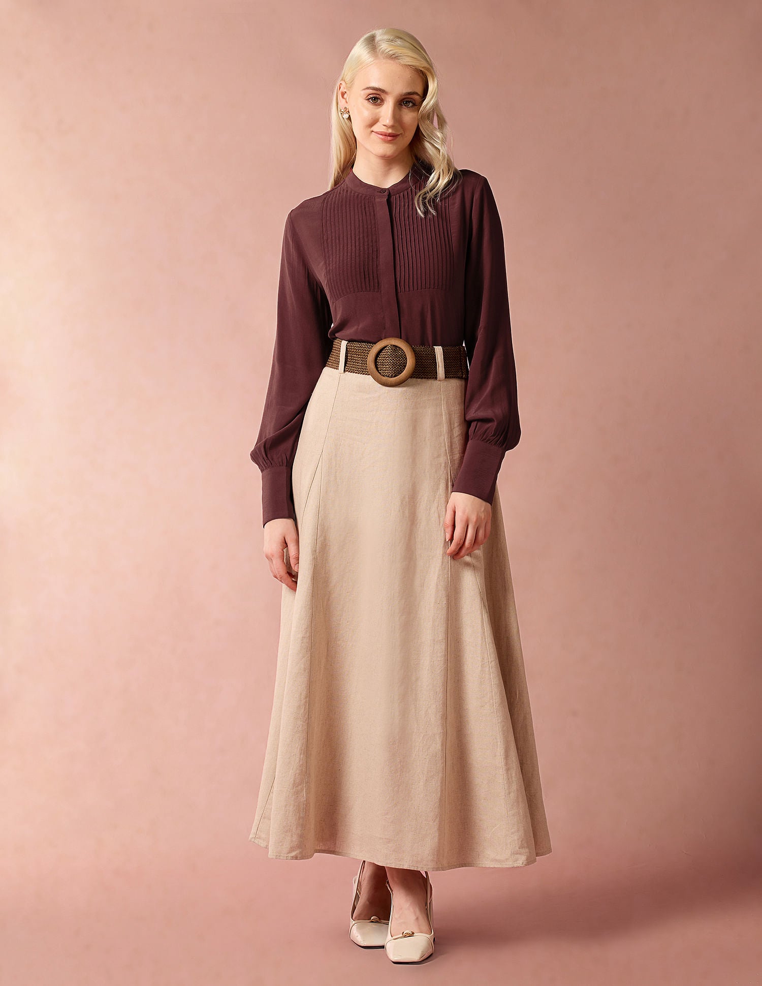 Mandarin Collar Pintucked Top Maroon - U.S. POLO ASSN. | Large