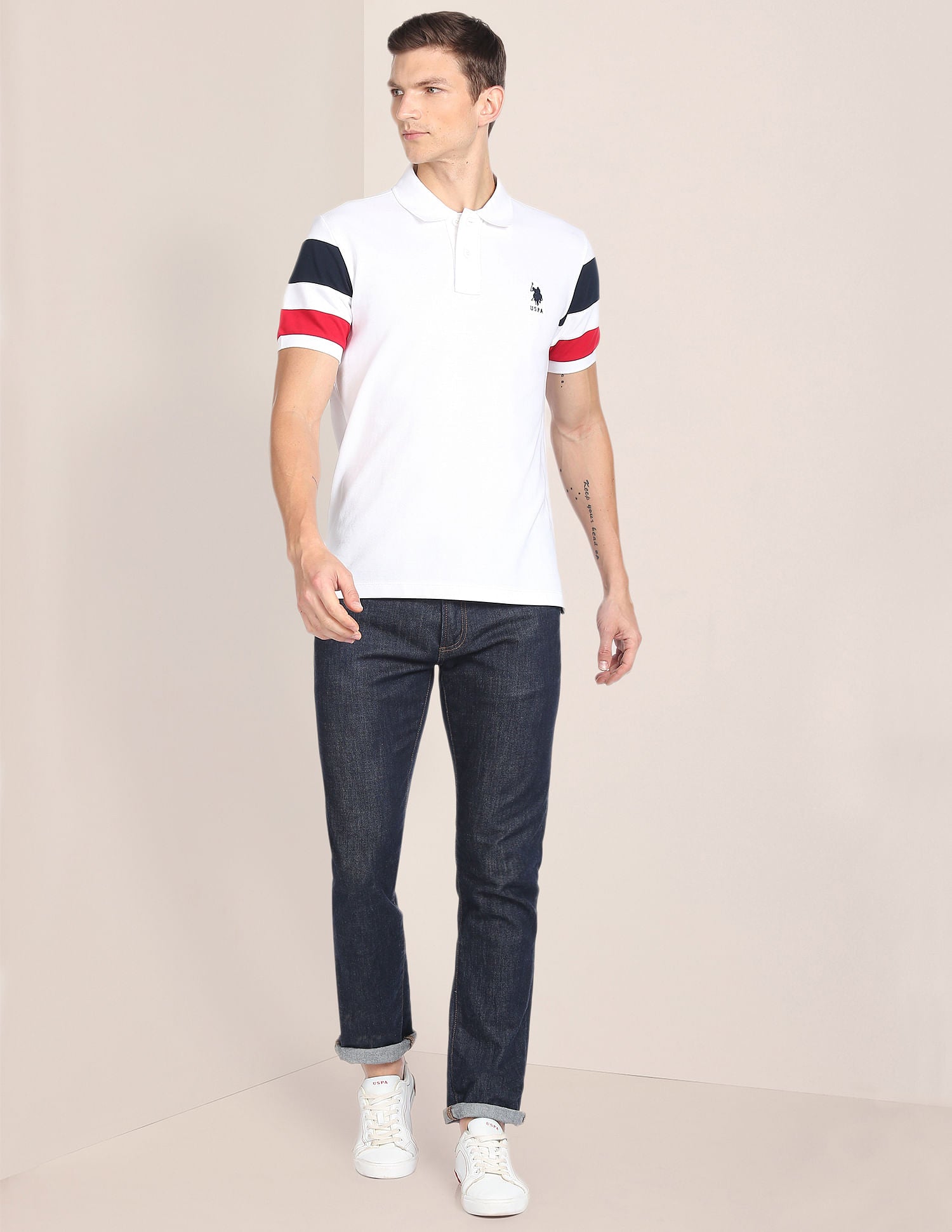 Striped Sleeve Cotton Polo Shirt White - U.S. POLO ASSN. | Large