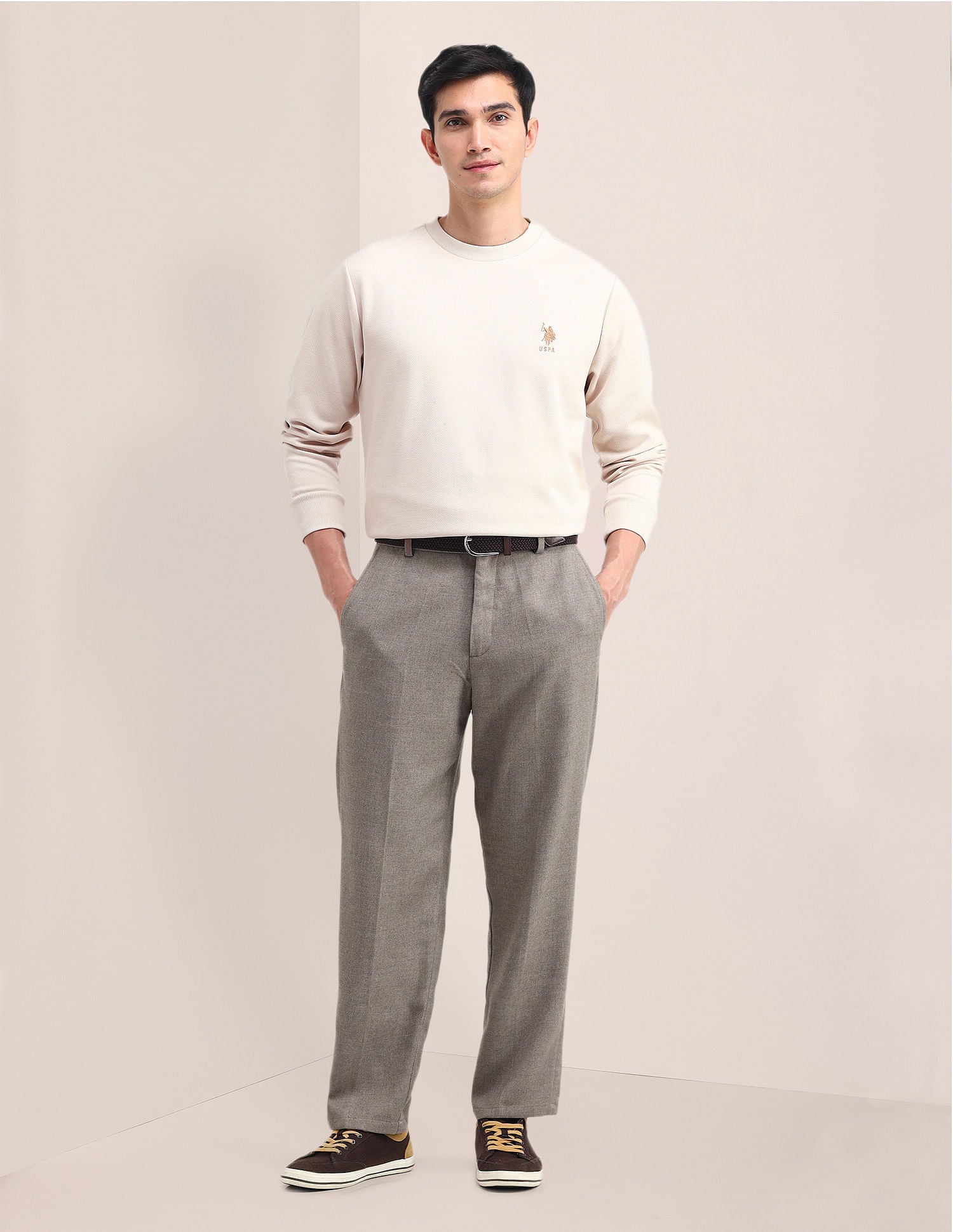 Patterned Knit Regular Fit Sweatshirt Off White - U.S. POLO ASSN. | Large