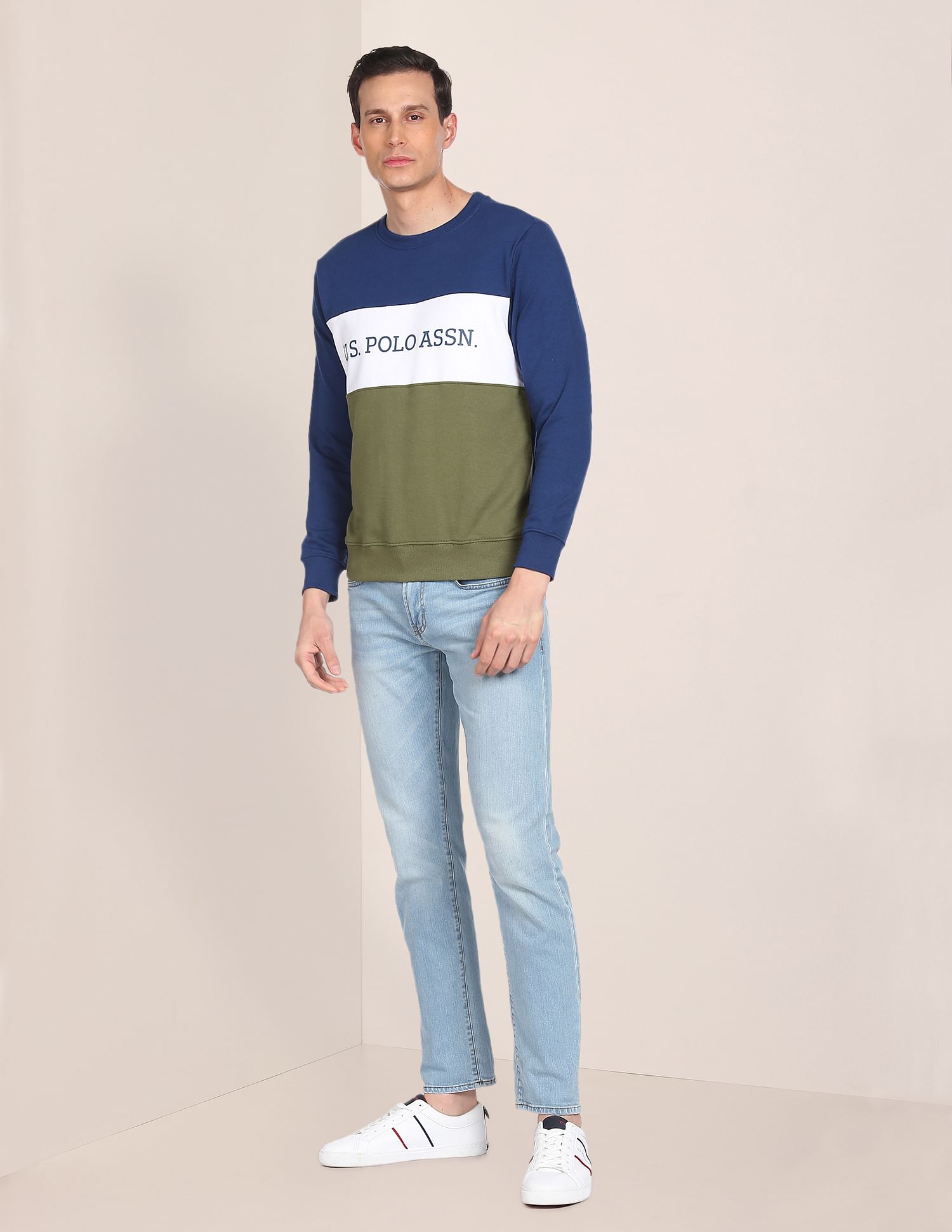 Colour Block Crew Neck Sweatshirt Navy and Olive - U.S. Polo Assn. India | Large